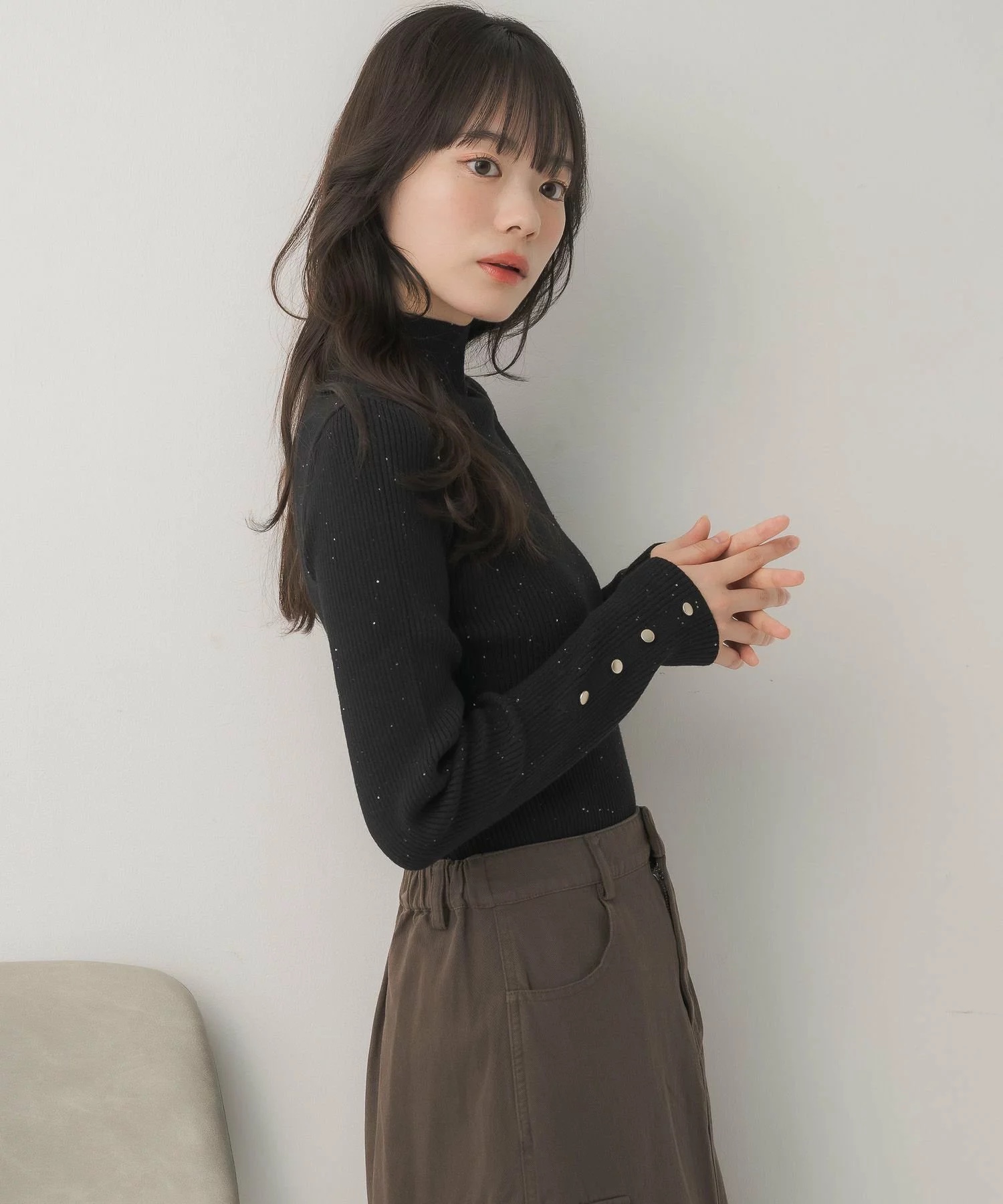 閃閃/ 淨色啞色扣閃閃企領針織