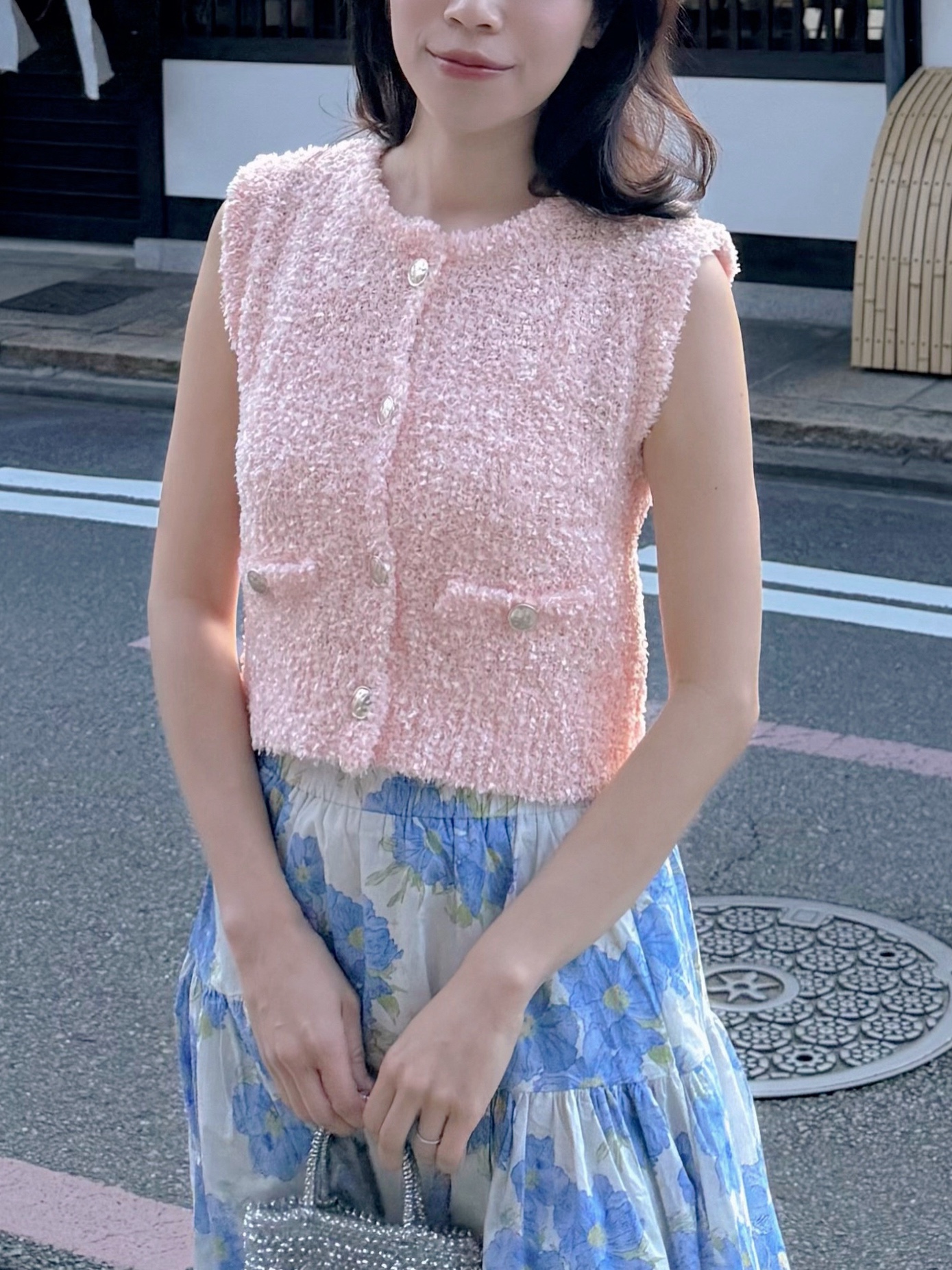 淡粉色銀扣Tweed背心