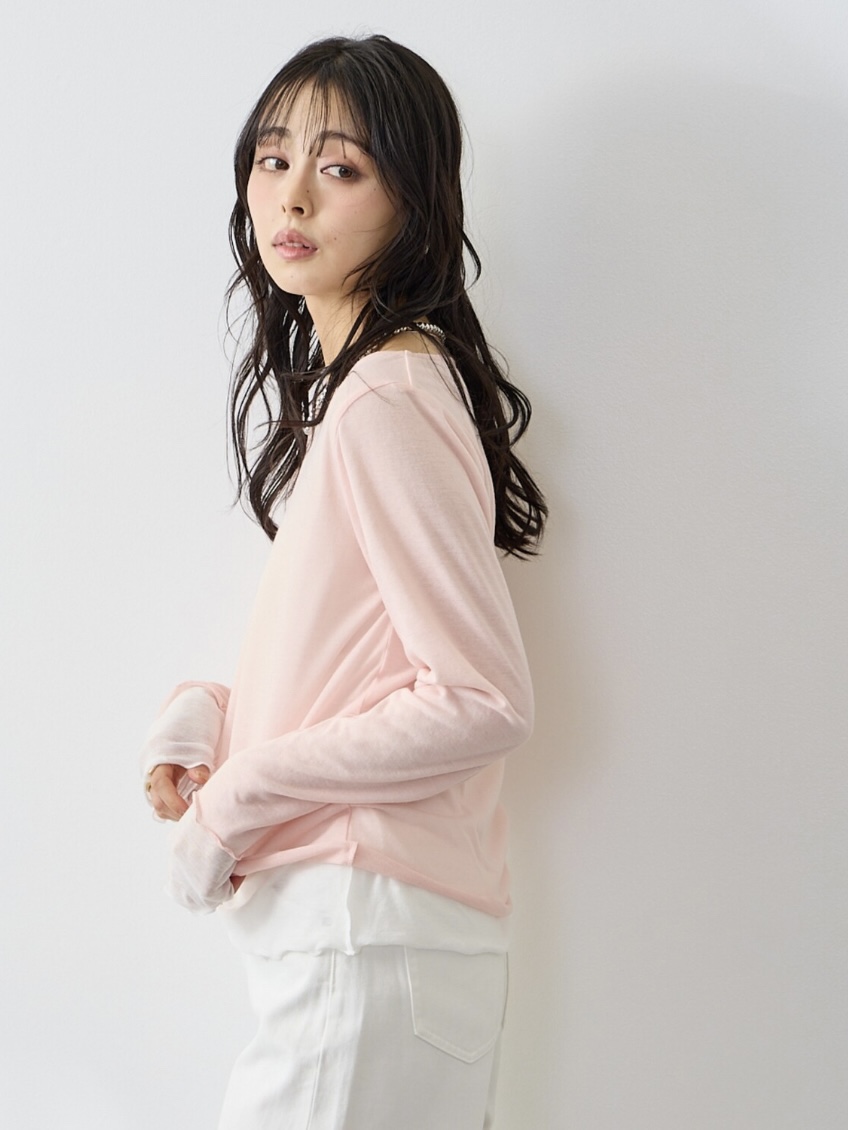 4色•假兩件拼色半透上衣