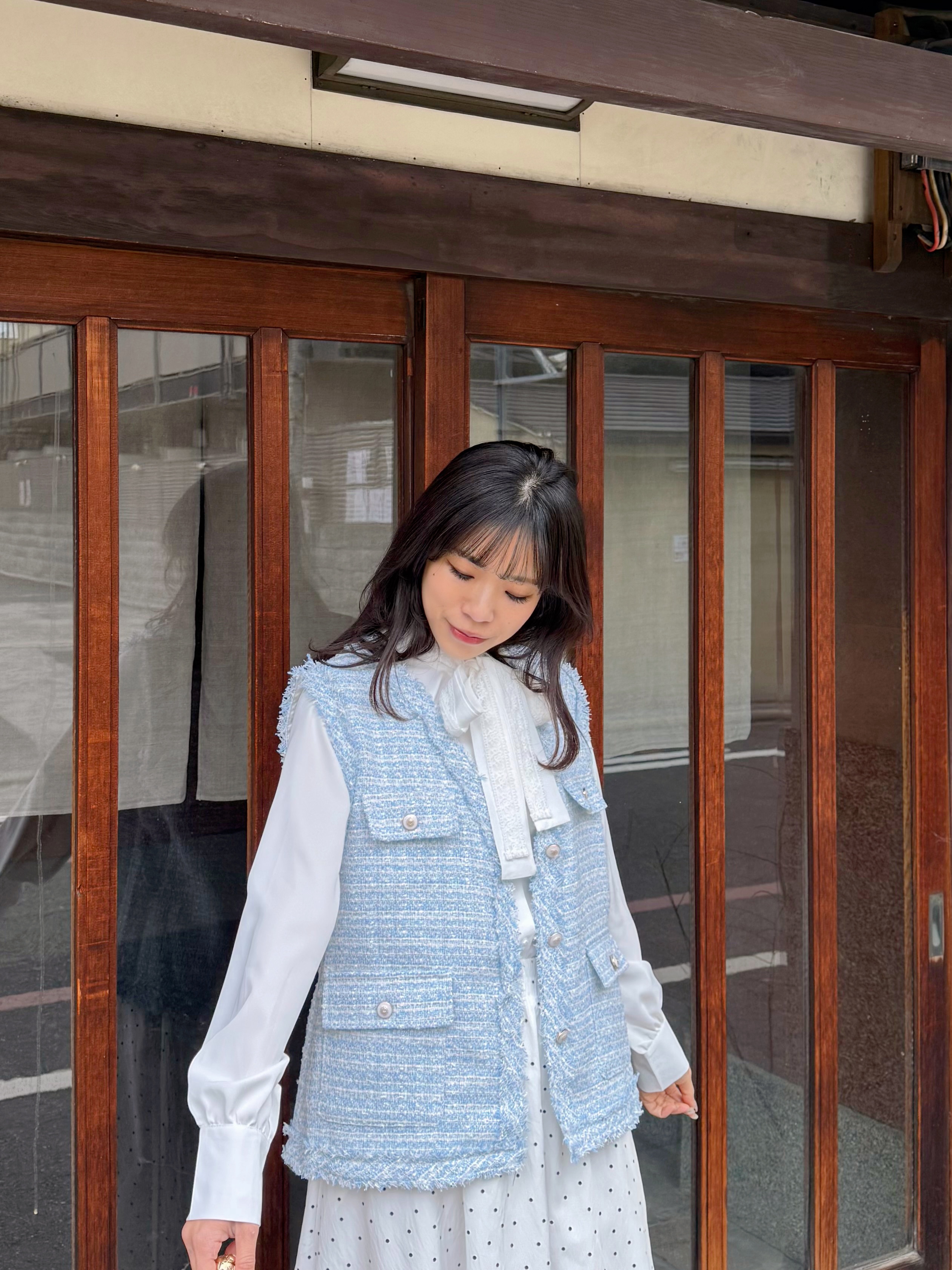 2色•銀絲Tweed流蘇邊背心外套