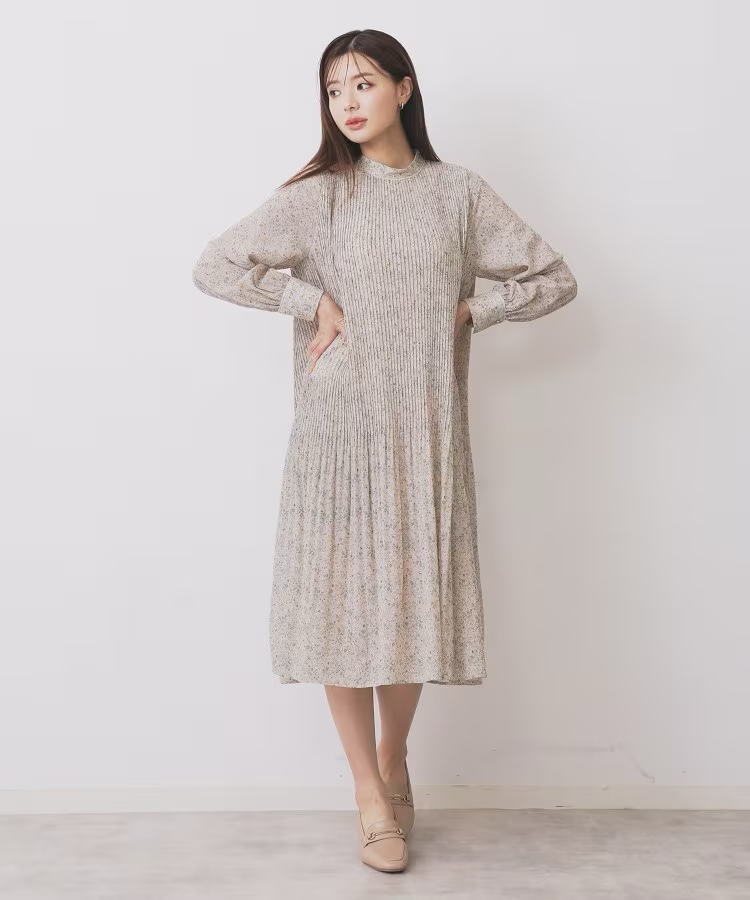 3色•百褶腰帶雪紡連身裙