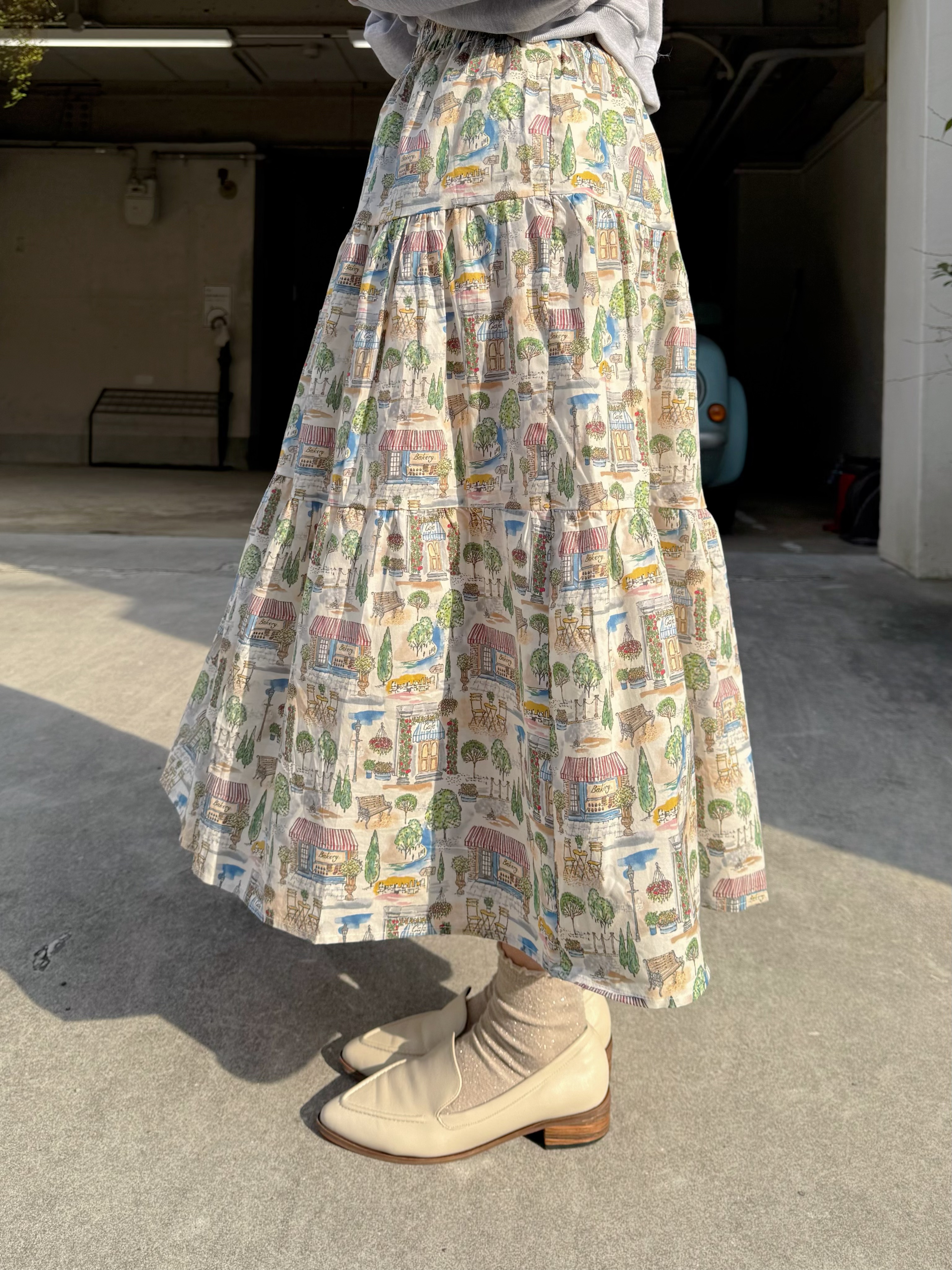 水彩風巴黎咖啡店印花綿質半身裙