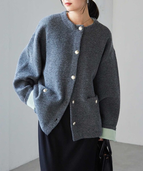 拼色金扣中長款針織外套