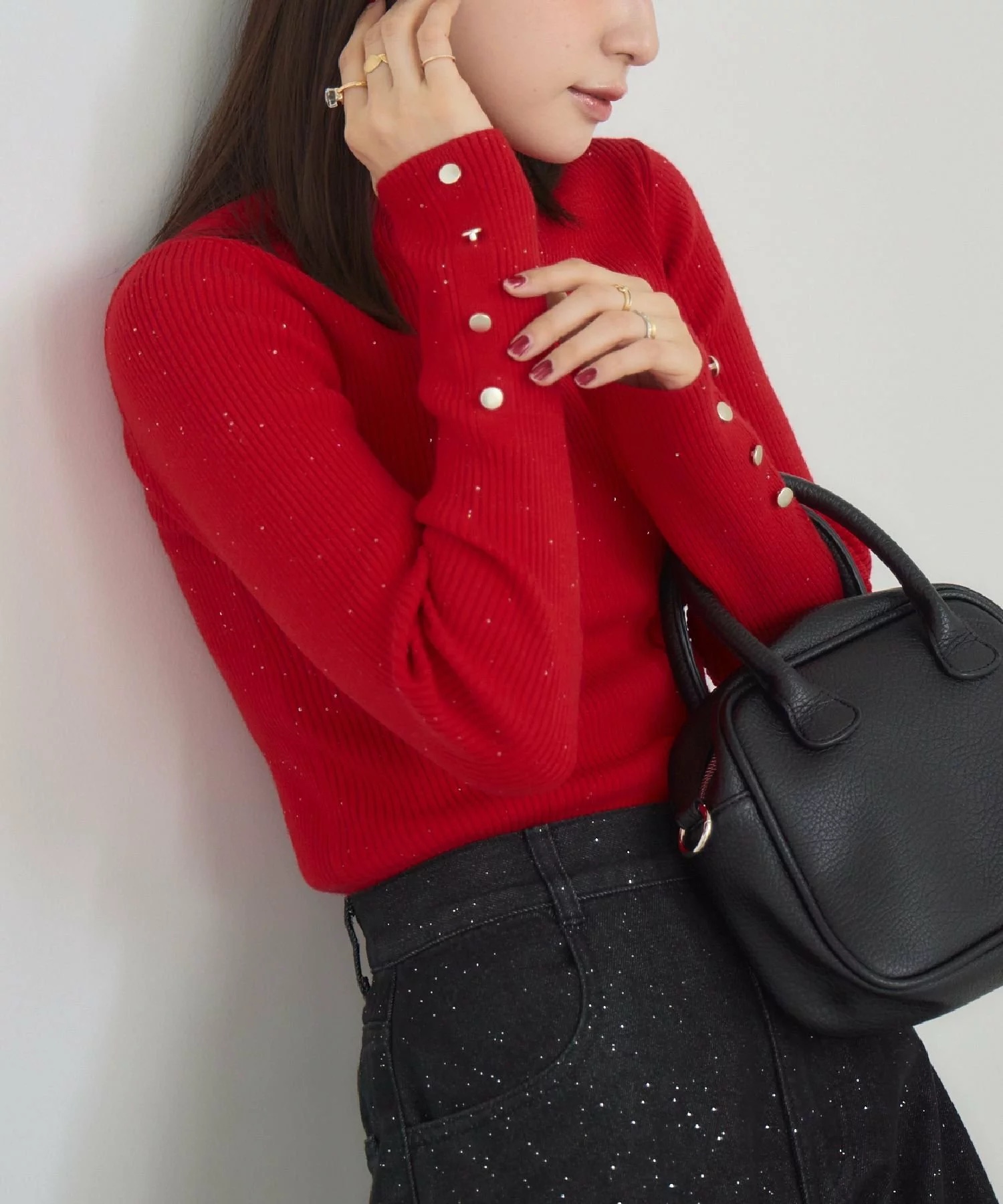 閃閃/ 淨色啞色扣閃閃企領針織