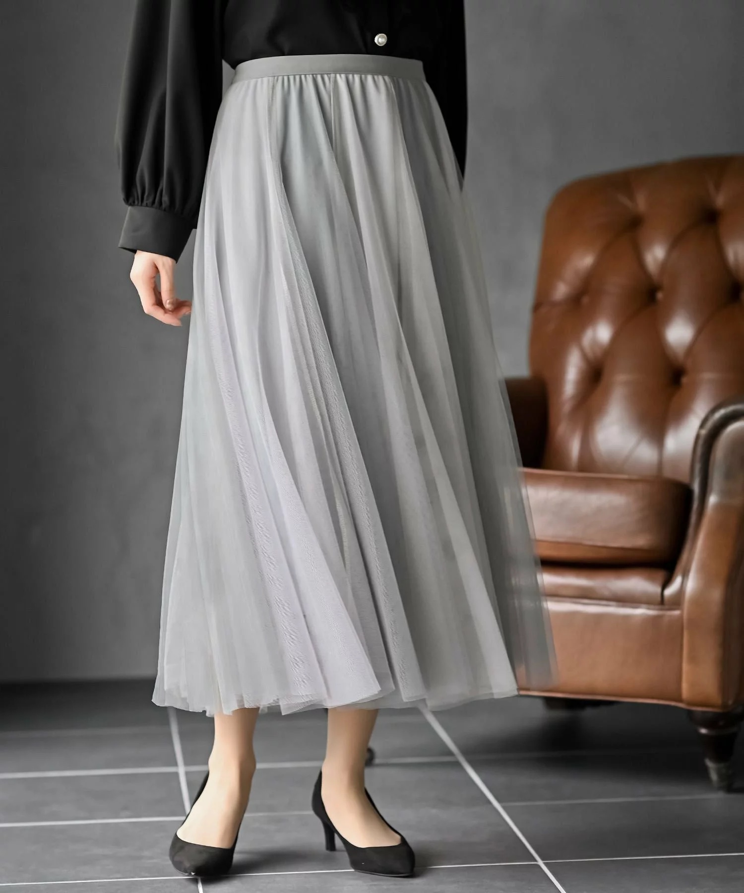 深淺拼色紗紗A line半身裙