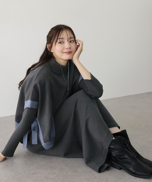 11色・M-LONG・側邊綁帶斗篷背心+螺紋針織長洋裝套裝