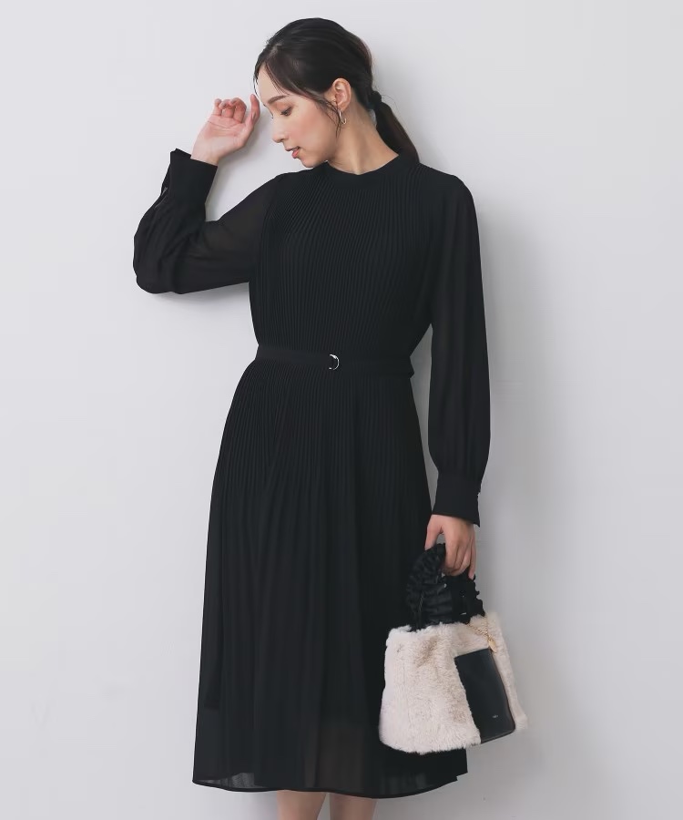 3色•百褶腰帶雪紡連身裙