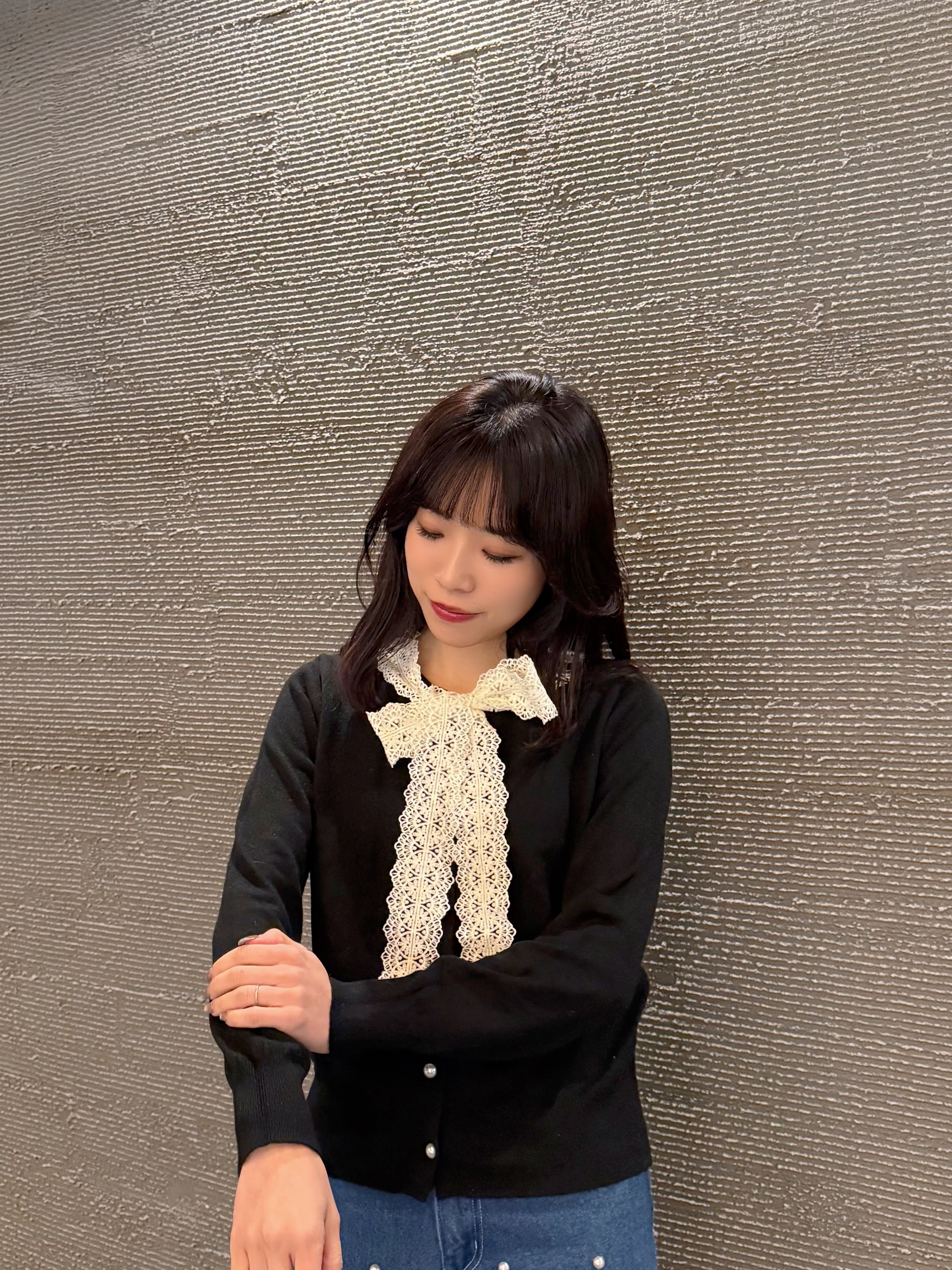 3色•蕾絲蝴蝶結領帶針織外套上衣