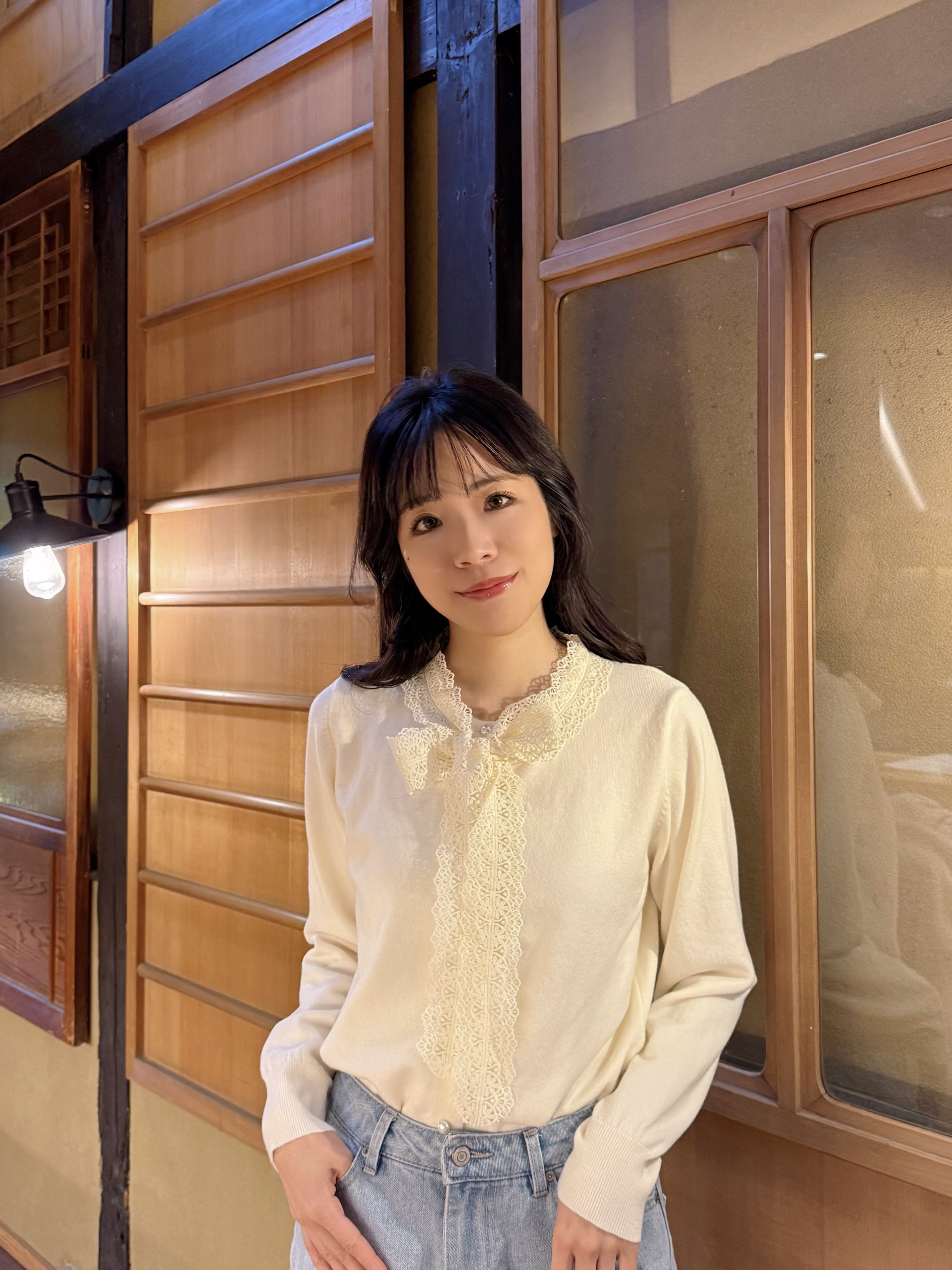 3色•蕾絲蝴蝶結領帶針織外套上衣