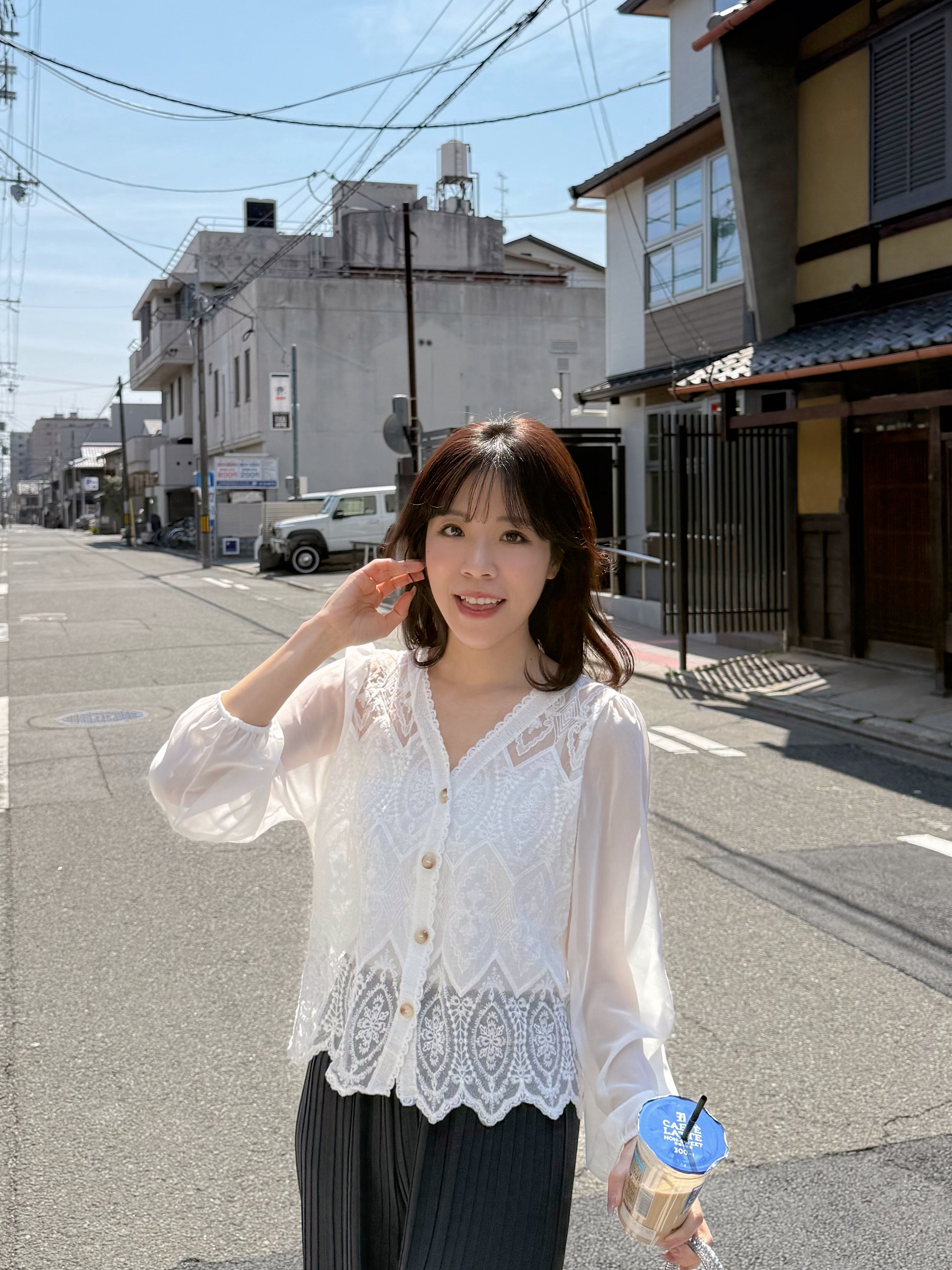 V領蕾絲雪紡袖外套上衣