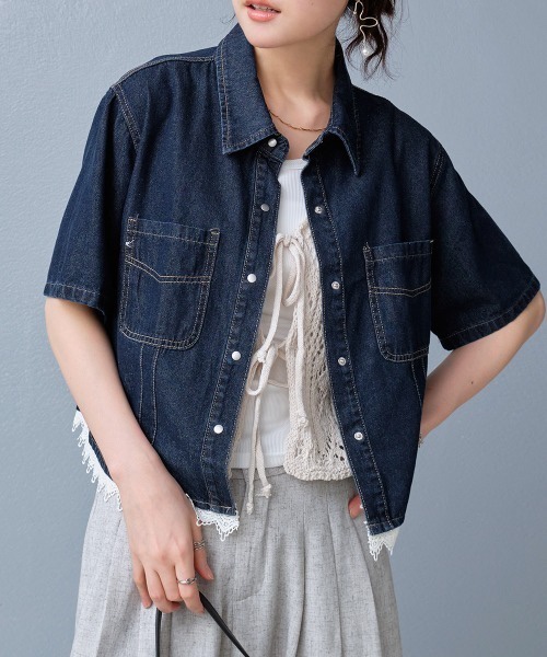 2色•短袖蕾絲牛仔外套