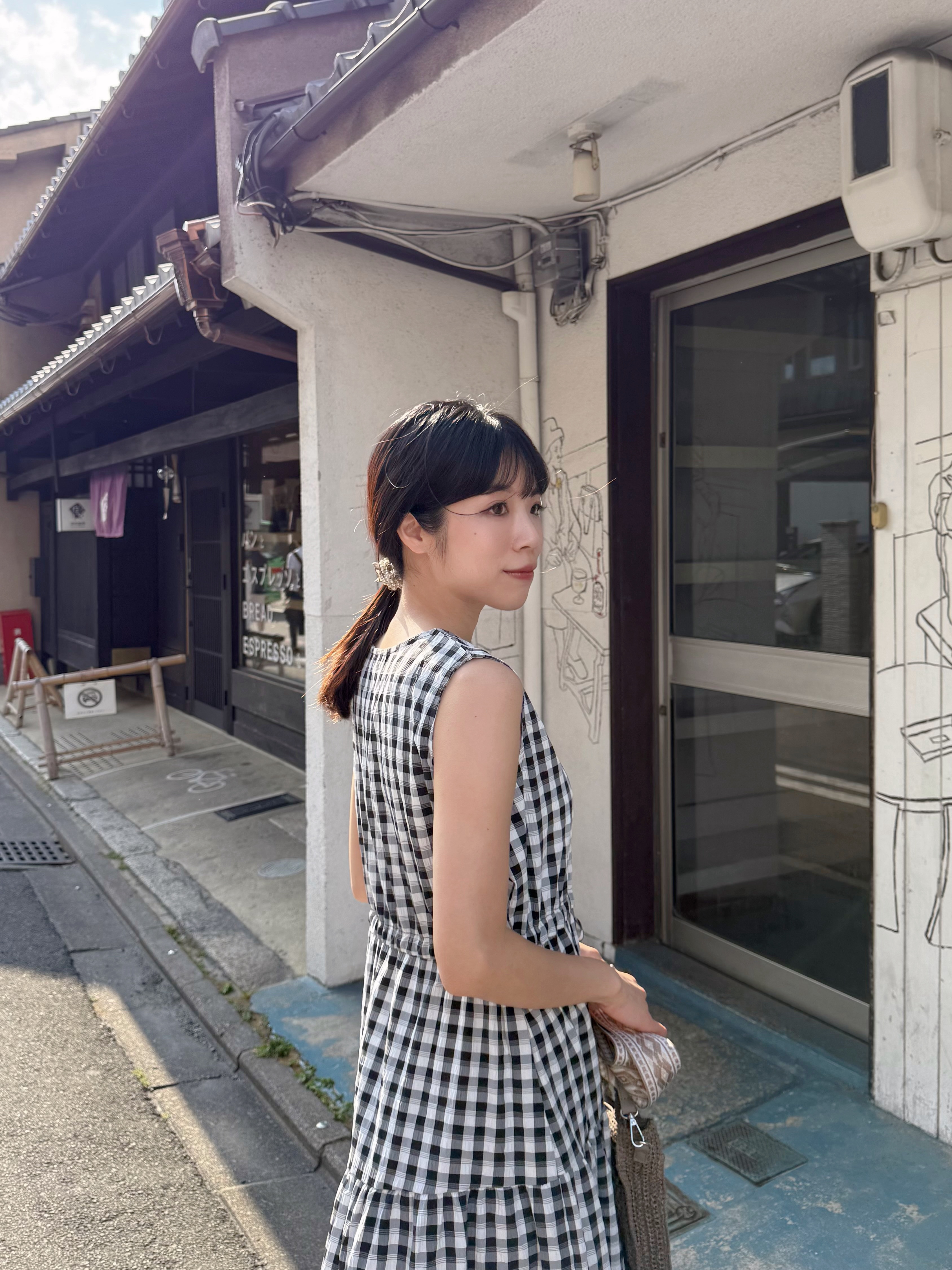 V領格仔背心雪紡連身裙