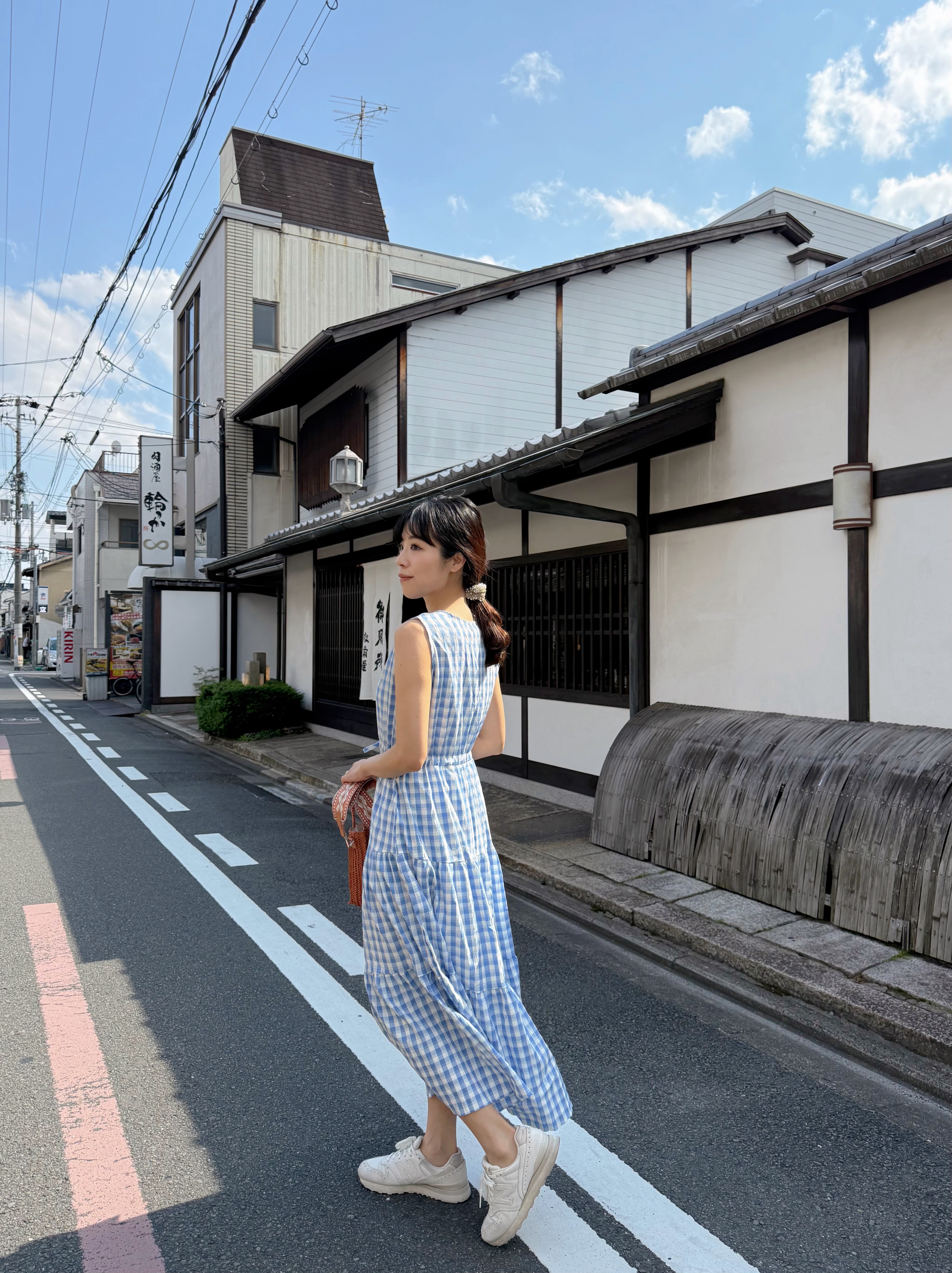 V領格仔背心雪紡連身裙