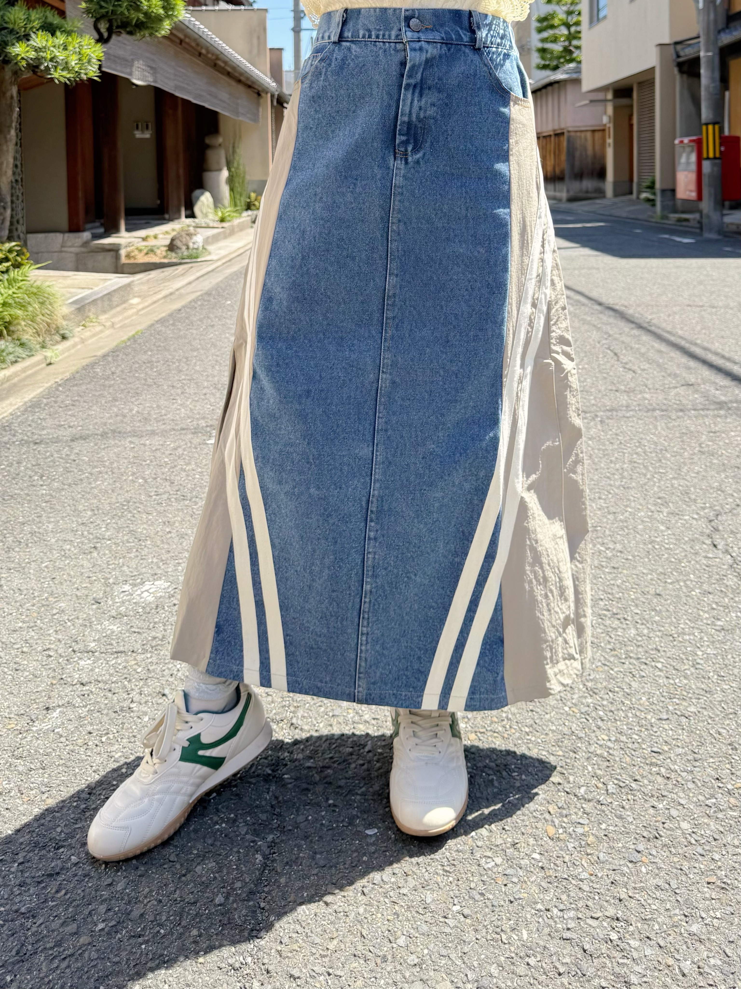 拼色A line長款牛仔裙