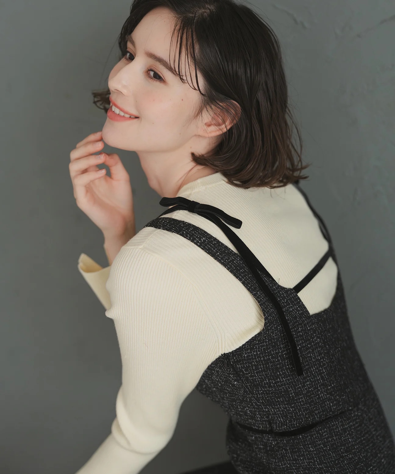 2色．Tweed拼蕾絲背心連身裙