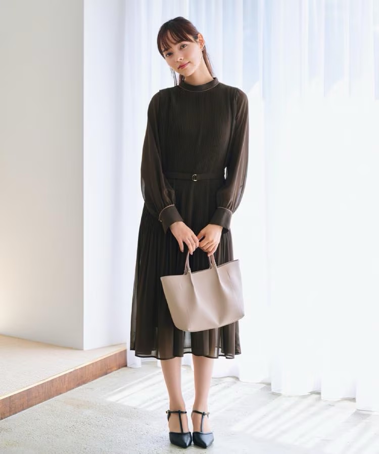 3色•百褶腰帶雪紡連身裙