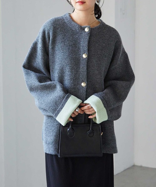 拼色金扣中長款針織外套