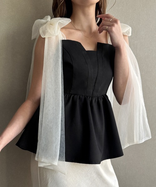 紗蝴蝶結肩帶背心