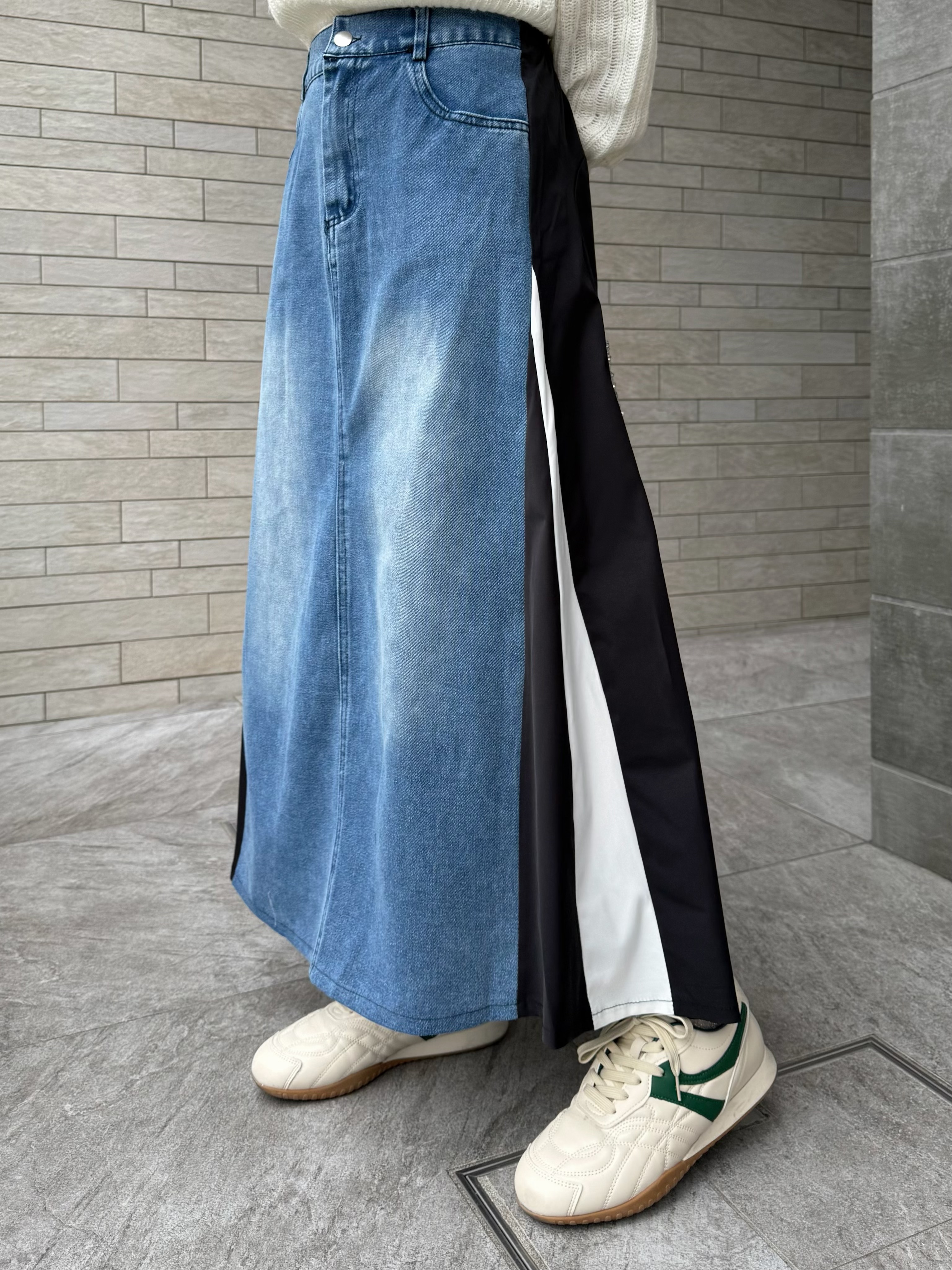 拼色布A line牛仔長款半身裙