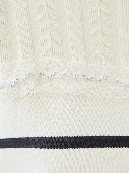 間條蕾絲邊7分袖薄款針織上衣