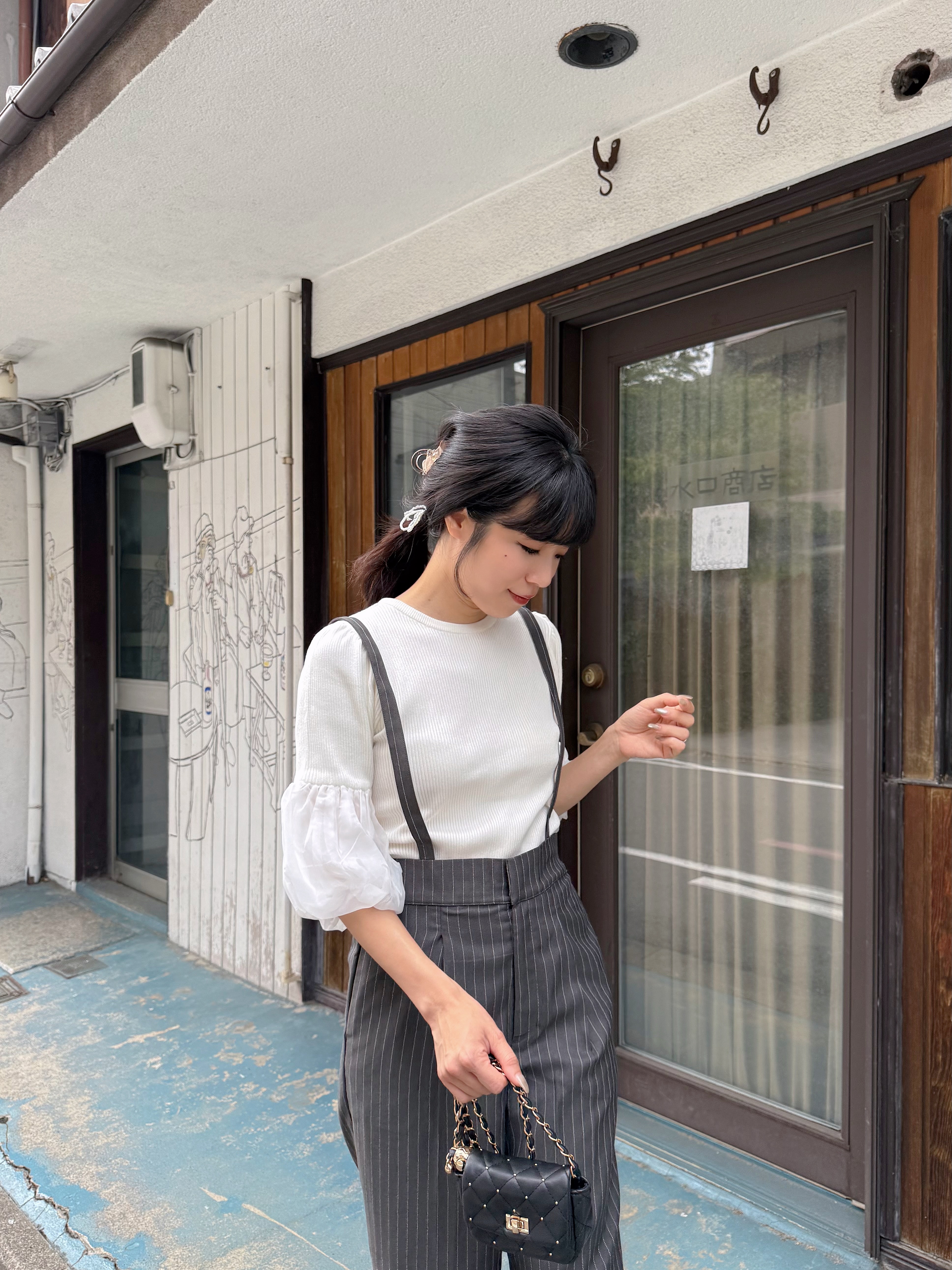 直條紋吊帶長褲