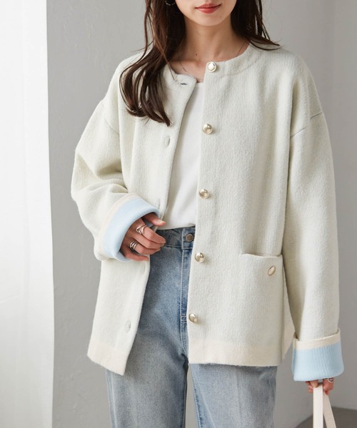 拼色金扣中長款針織外套