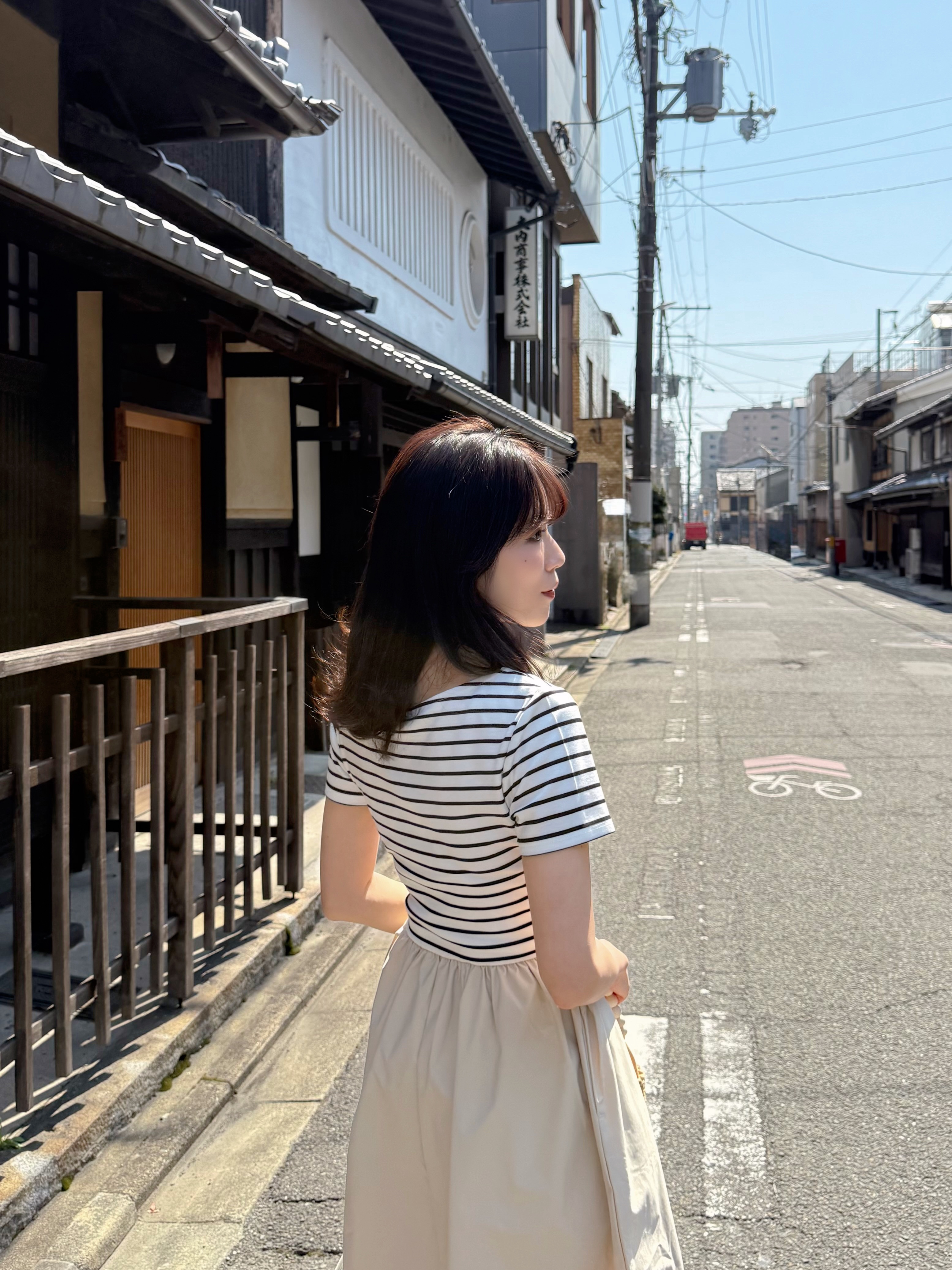 間條拼色修腰A line連身裙