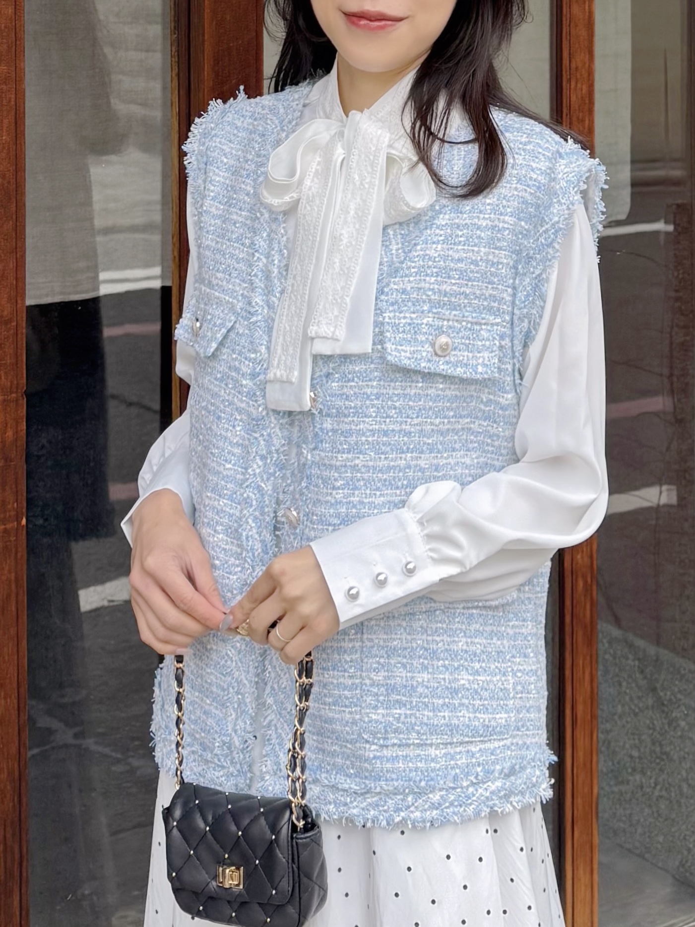 2色•銀絲Tweed流蘇邊背心外套