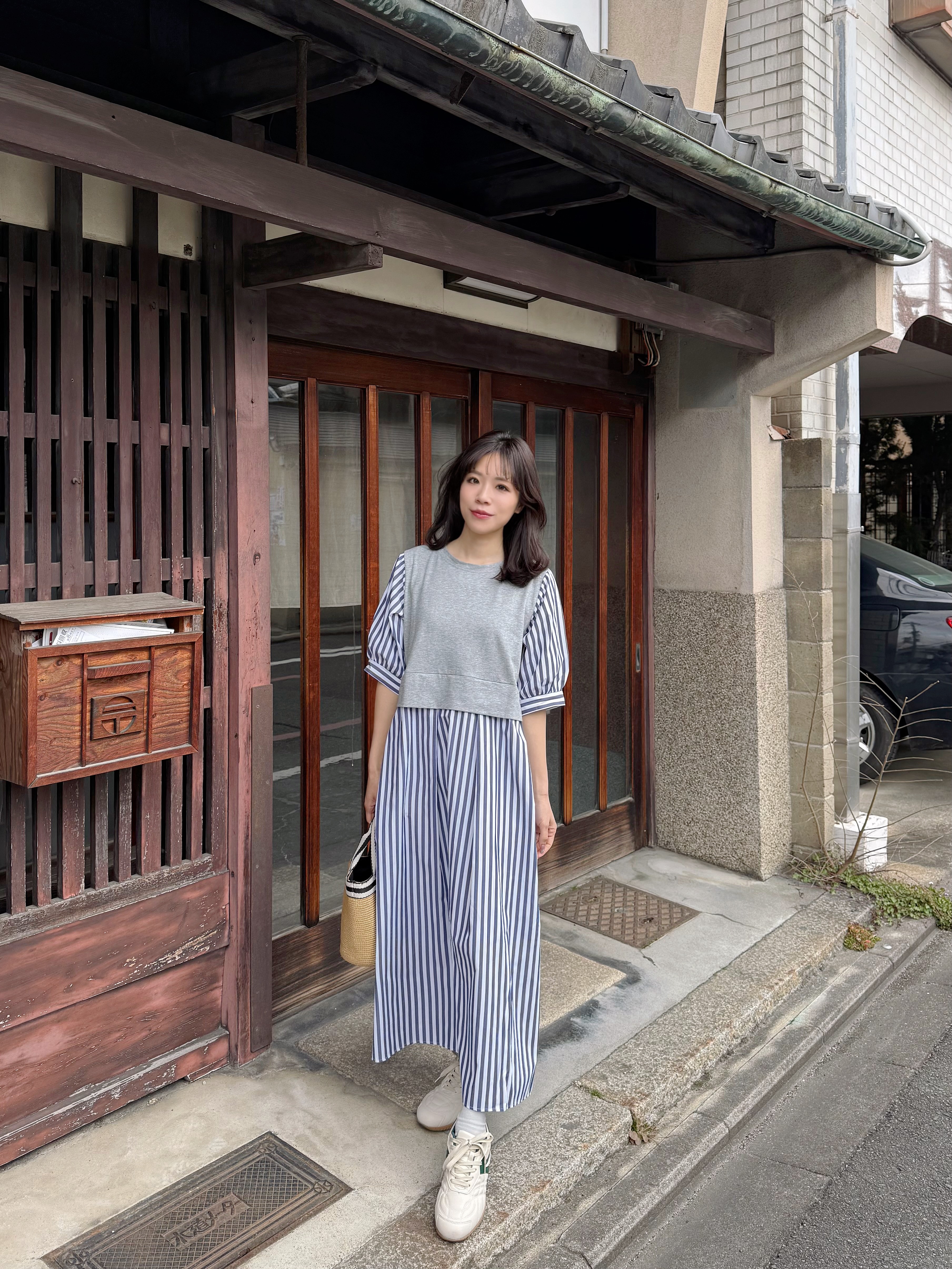 2色•5分袖直條紋拼色布連身裙