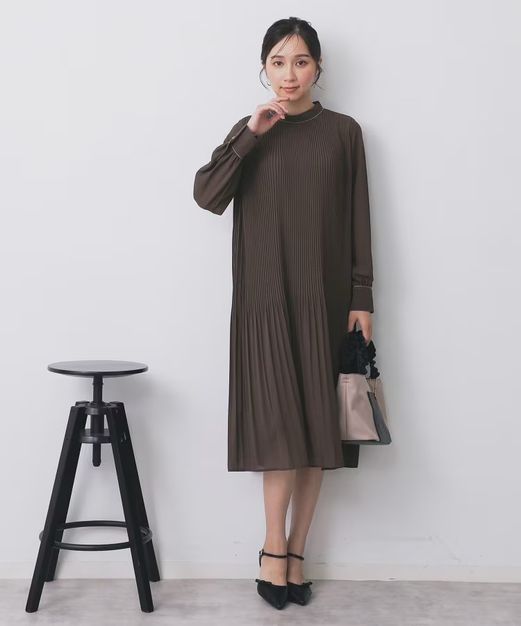 3色•百褶腰帶雪紡連身裙