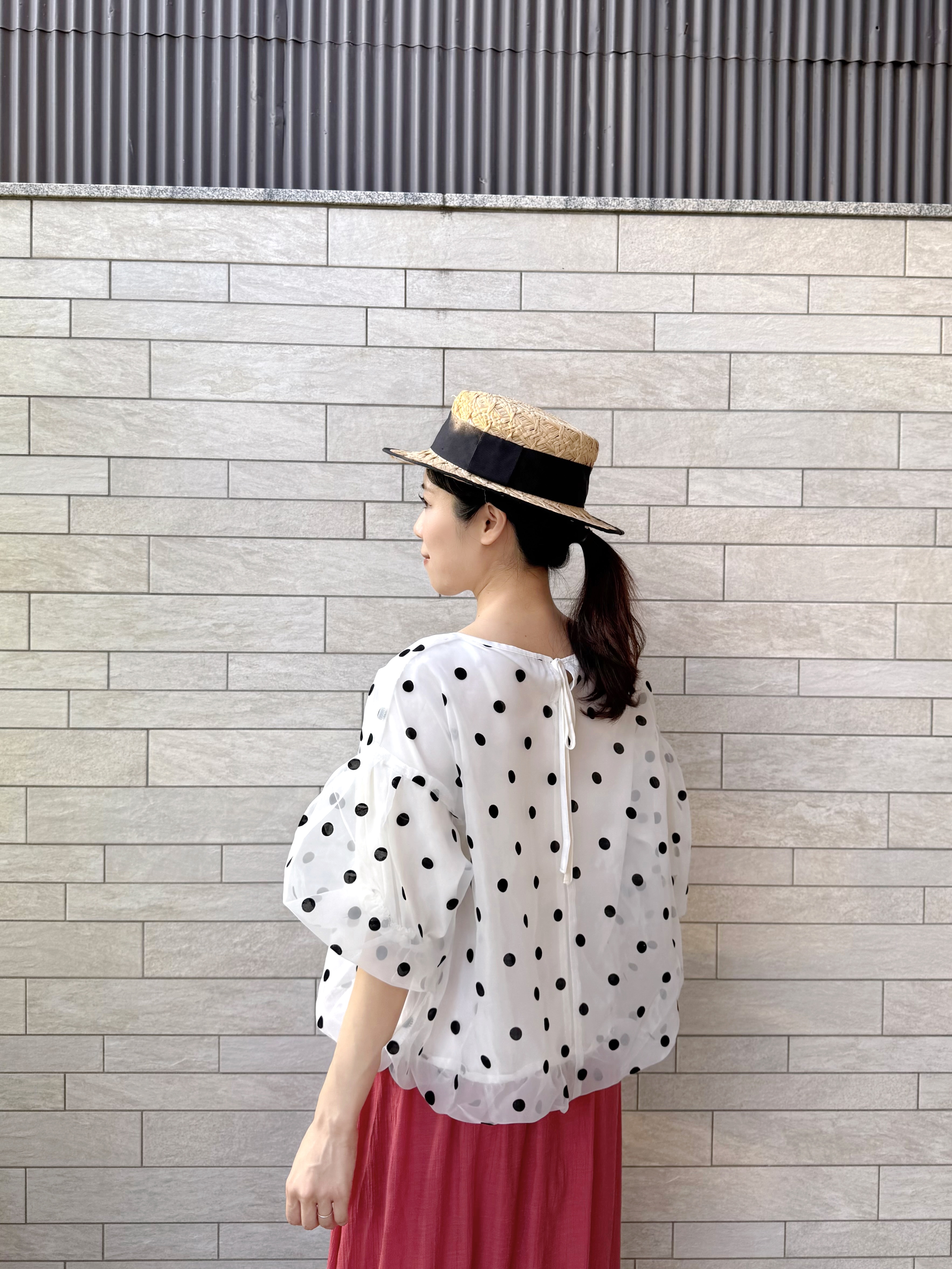 泡泡袖波點雪紡上衣