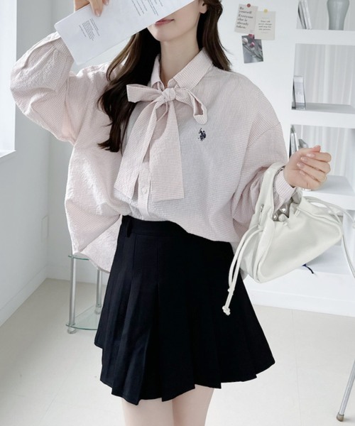 9色•Size F•領結短款泡泡袖襯衫（格紋/素色）