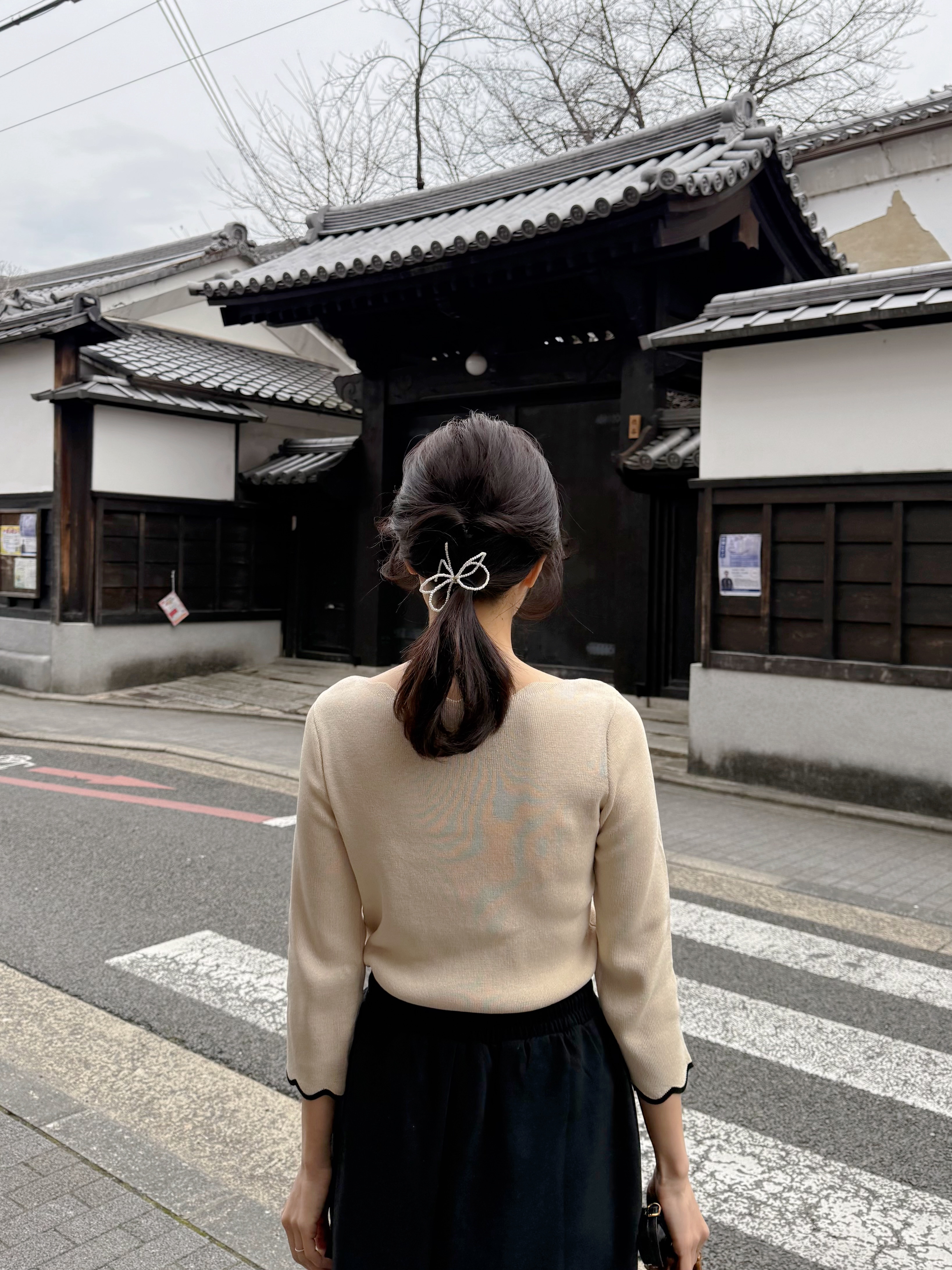 2色•拼色7分袖波浪邊針織上衣