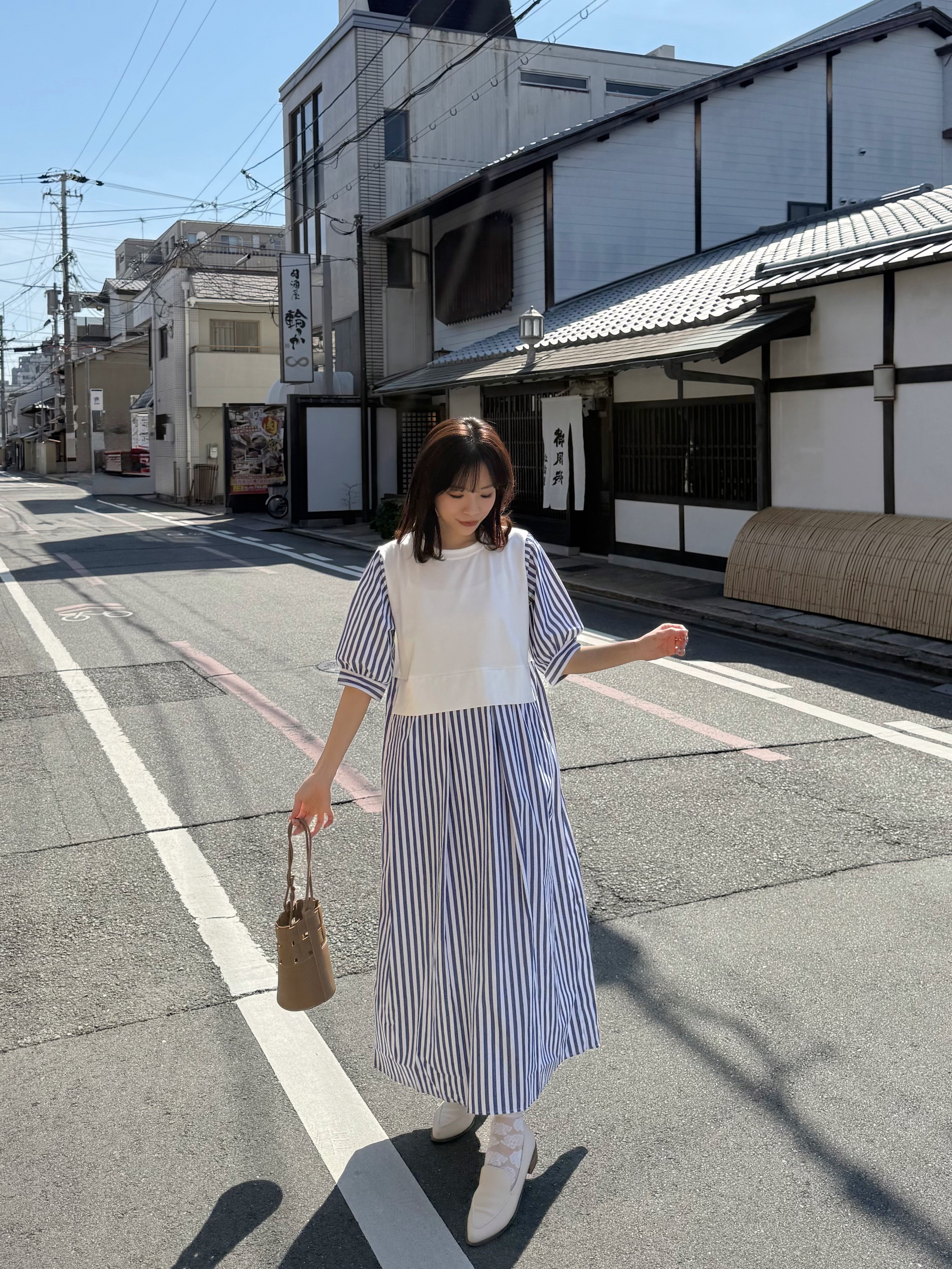 2色•5分袖直條紋拼色布連身裙