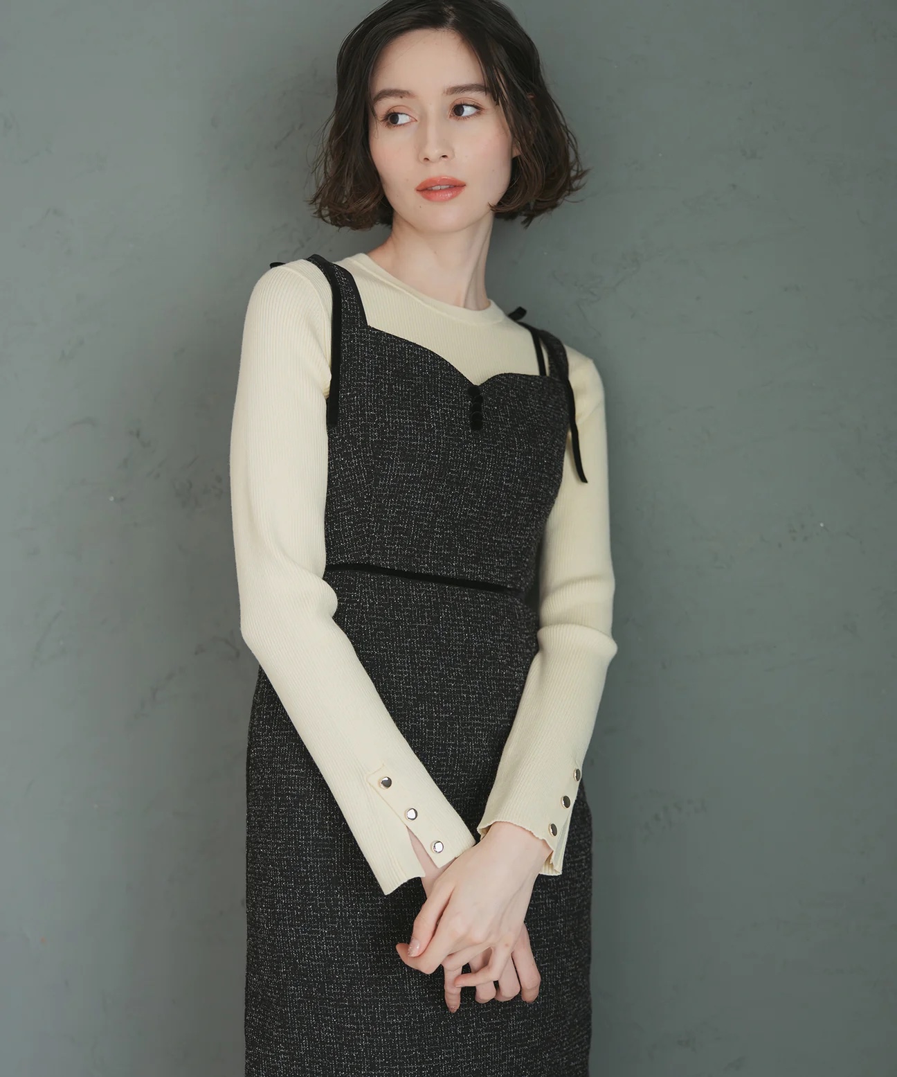 2色．Tweed拼蕾絲背心連身裙