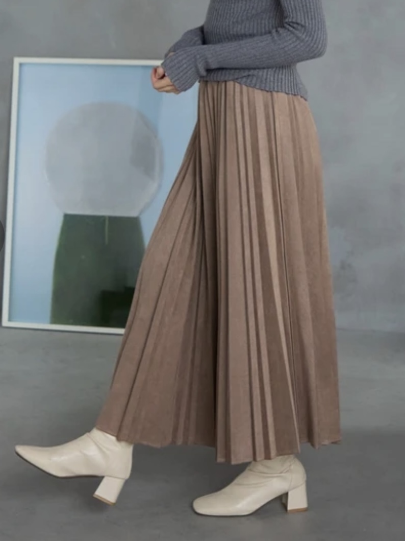 6色•84cm長•磨毛百褶淨色長款半身裙