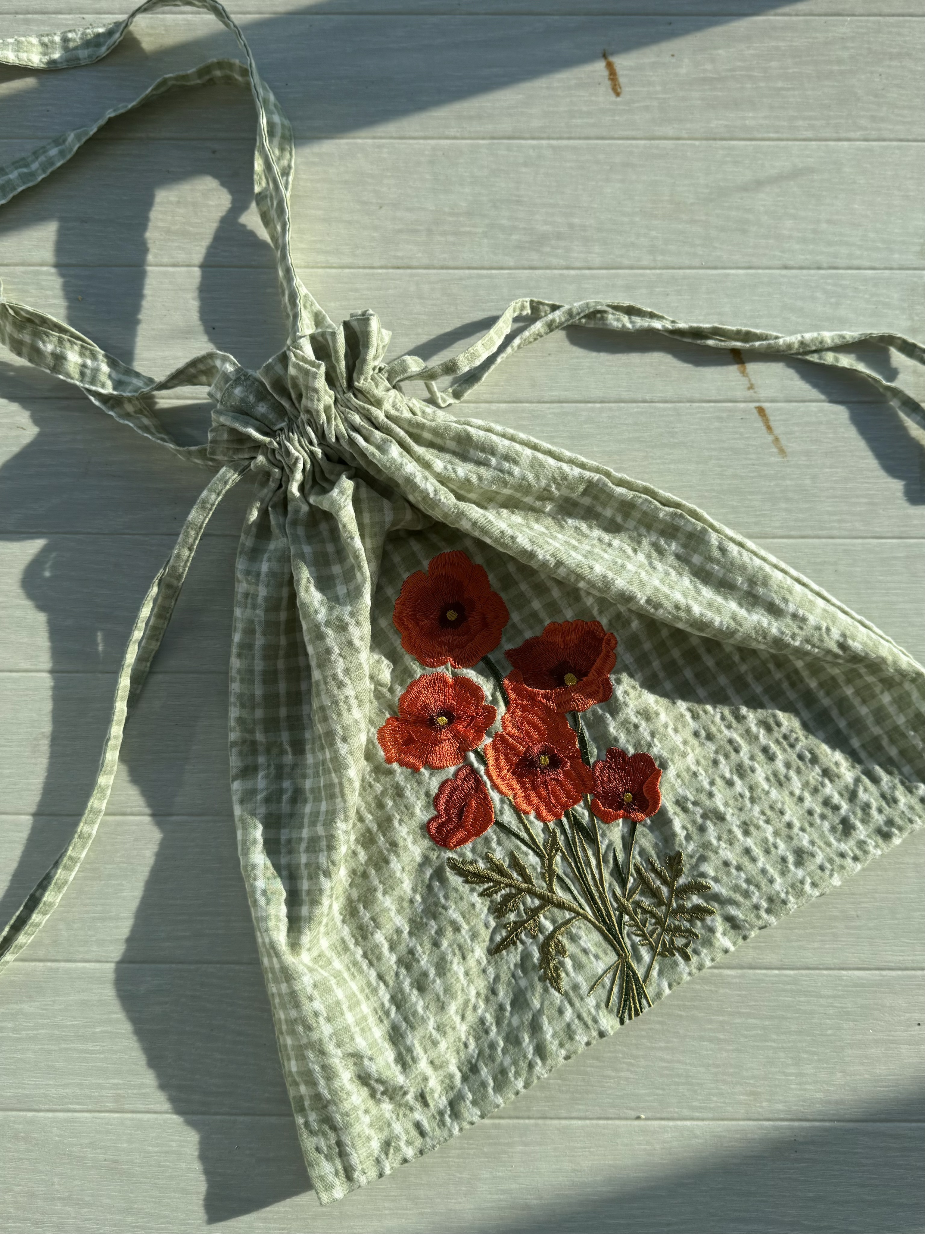 3色•格紋花朵刺繡束口手挽袋