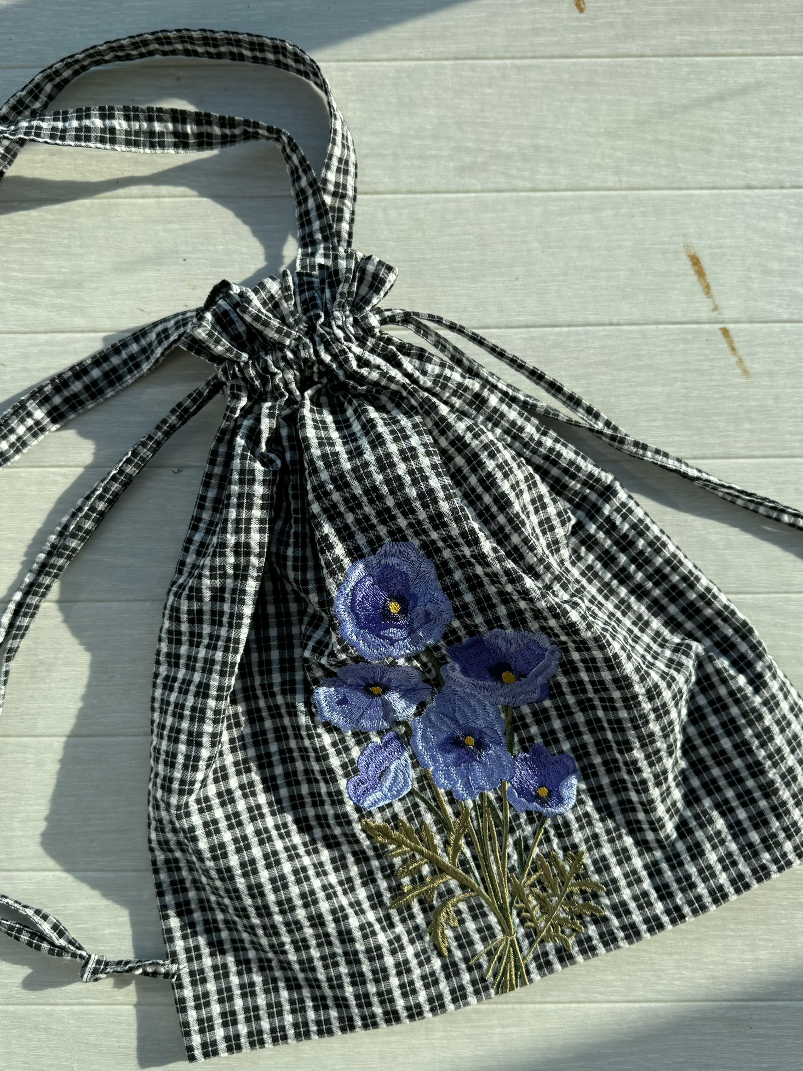 3色•格紋花朵刺繡束口手挽袋