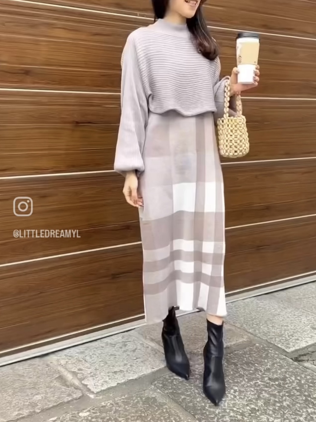 復古大格紋連身裙Set