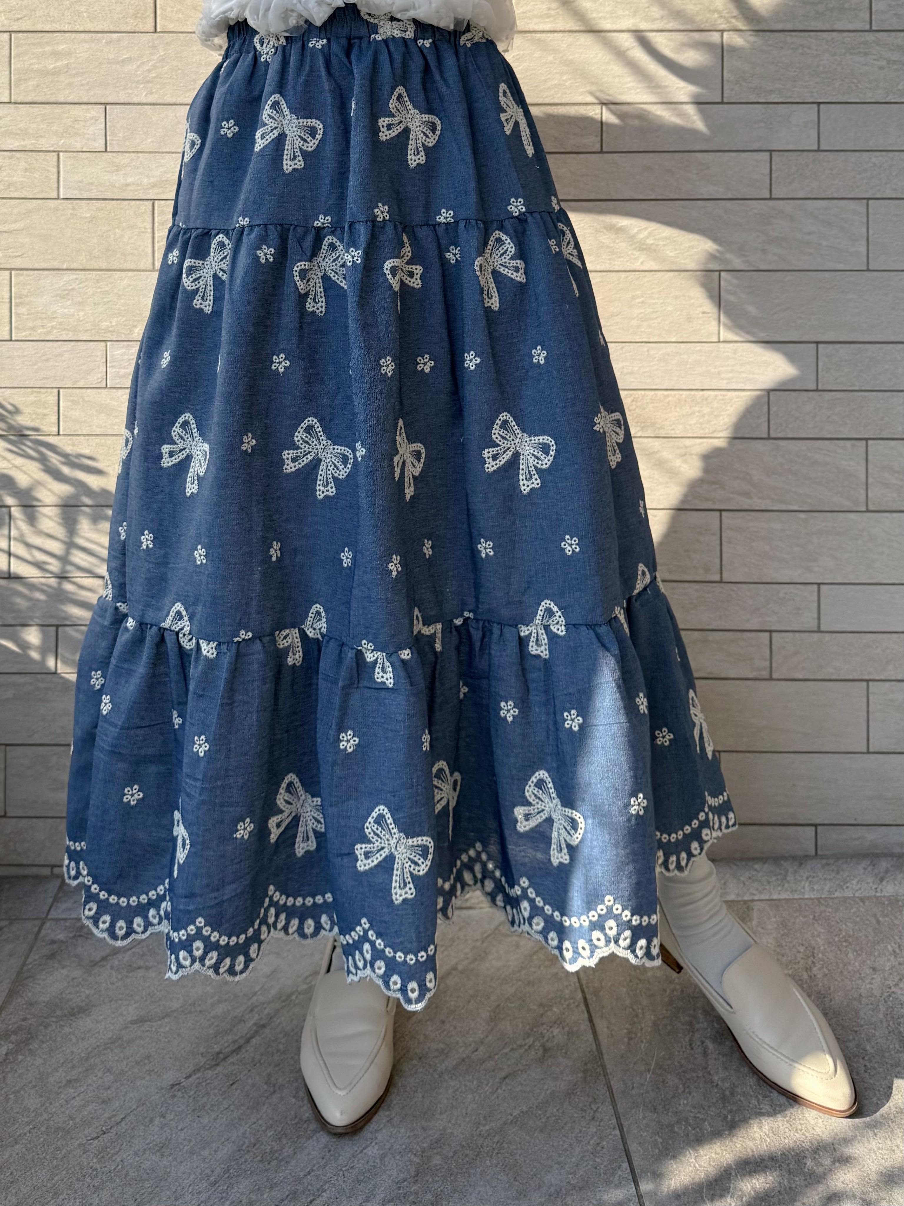 蝴蝶結刺繡綿質半身裙