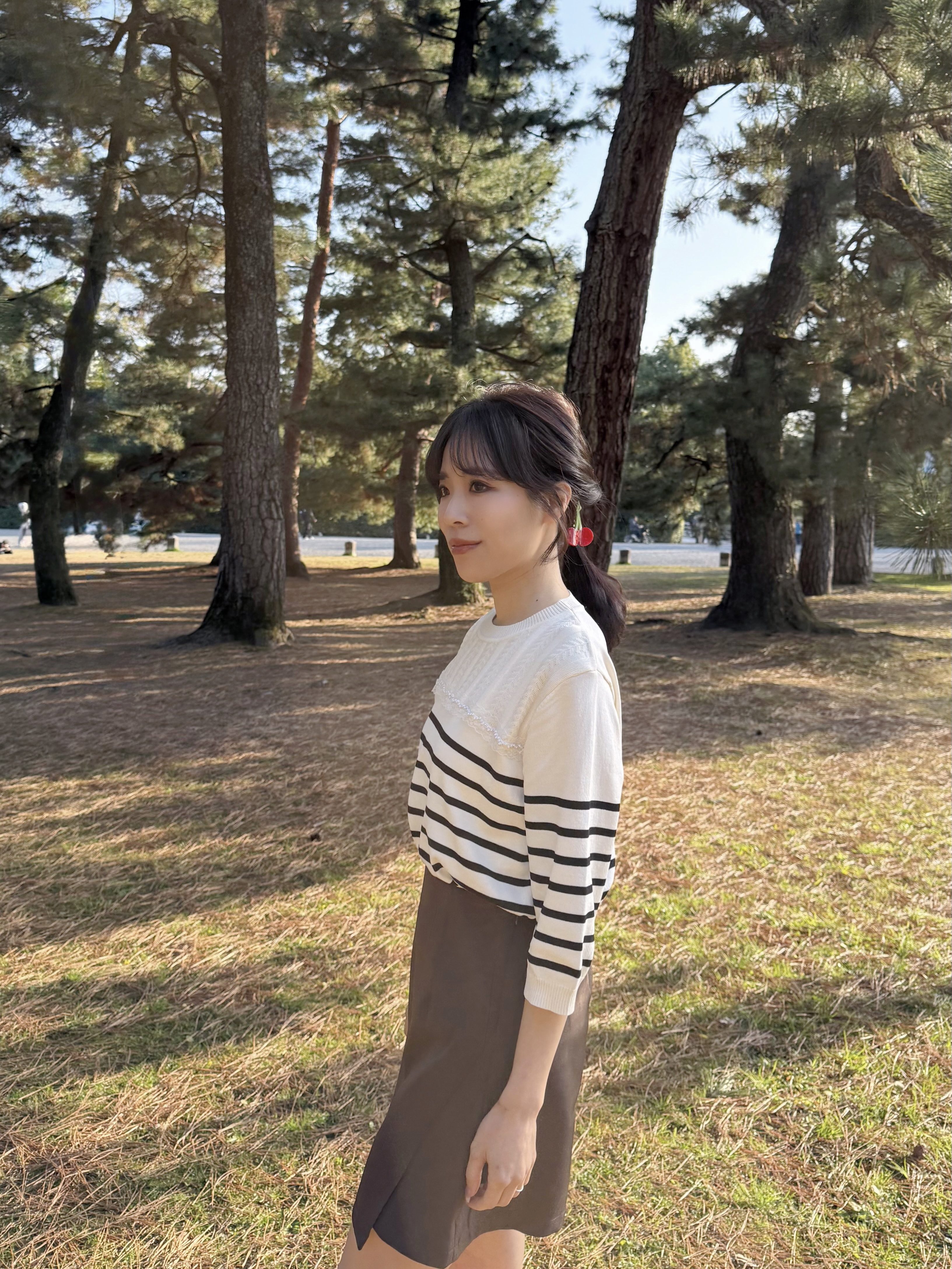 間條蕾絲邊7分袖薄款針織上衣