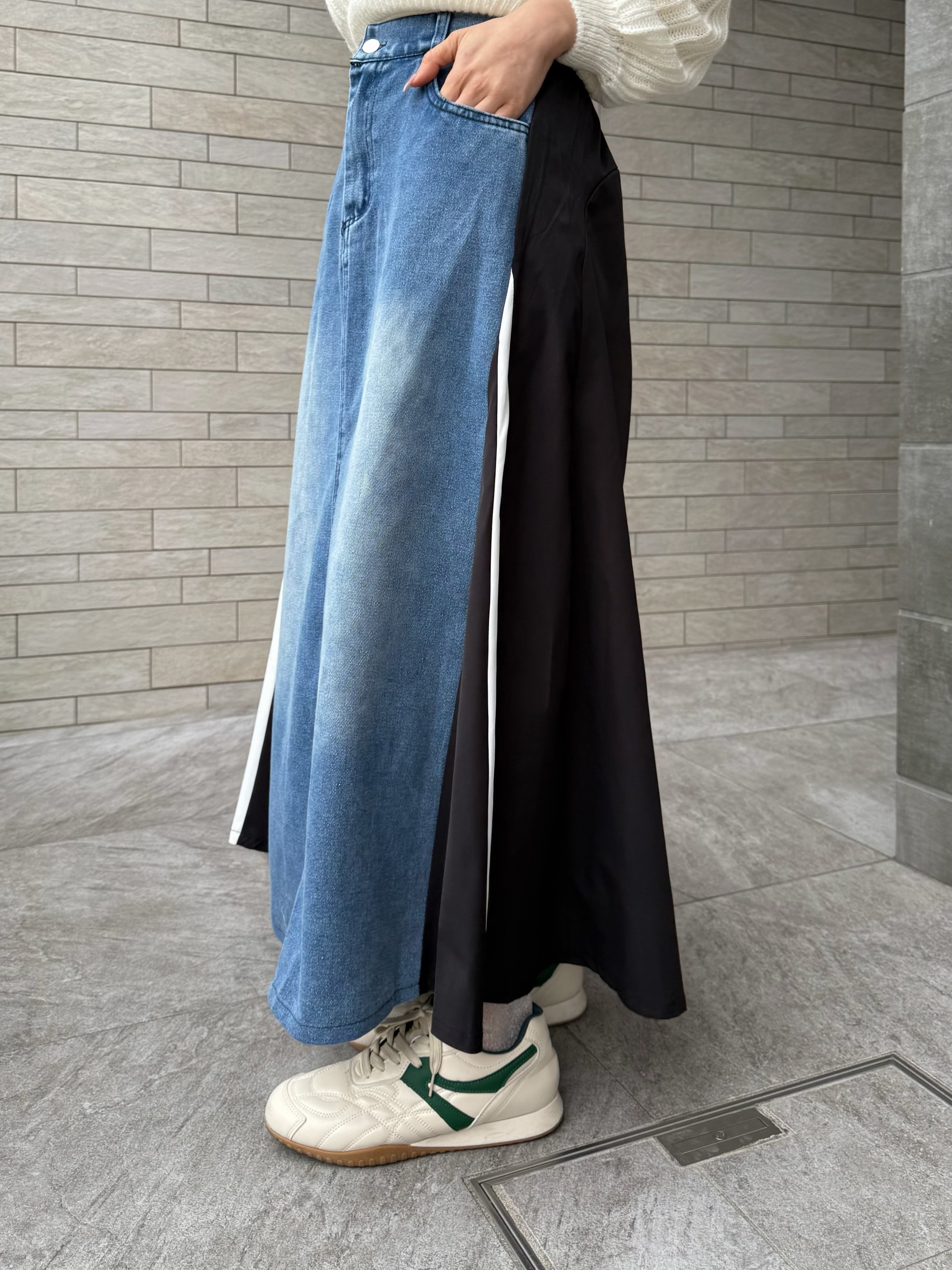 拼色布A line牛仔長款半身裙