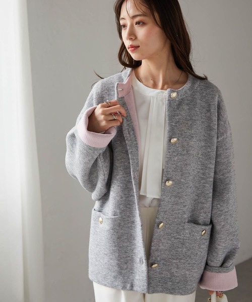 拼色金扣中長款針織外套