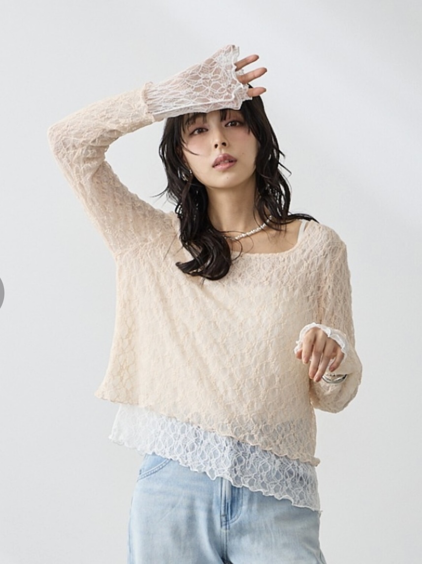2色•假兩件蕾絲長袖上衣