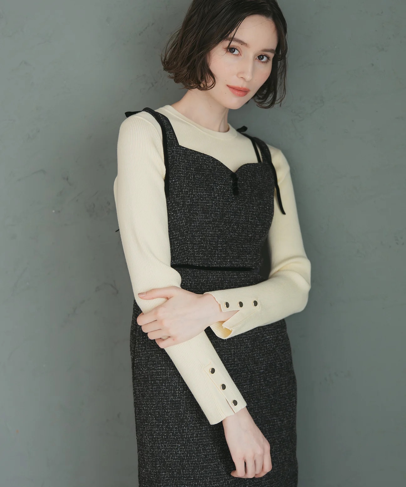 2色．Tweed拼蕾絲背心連身裙