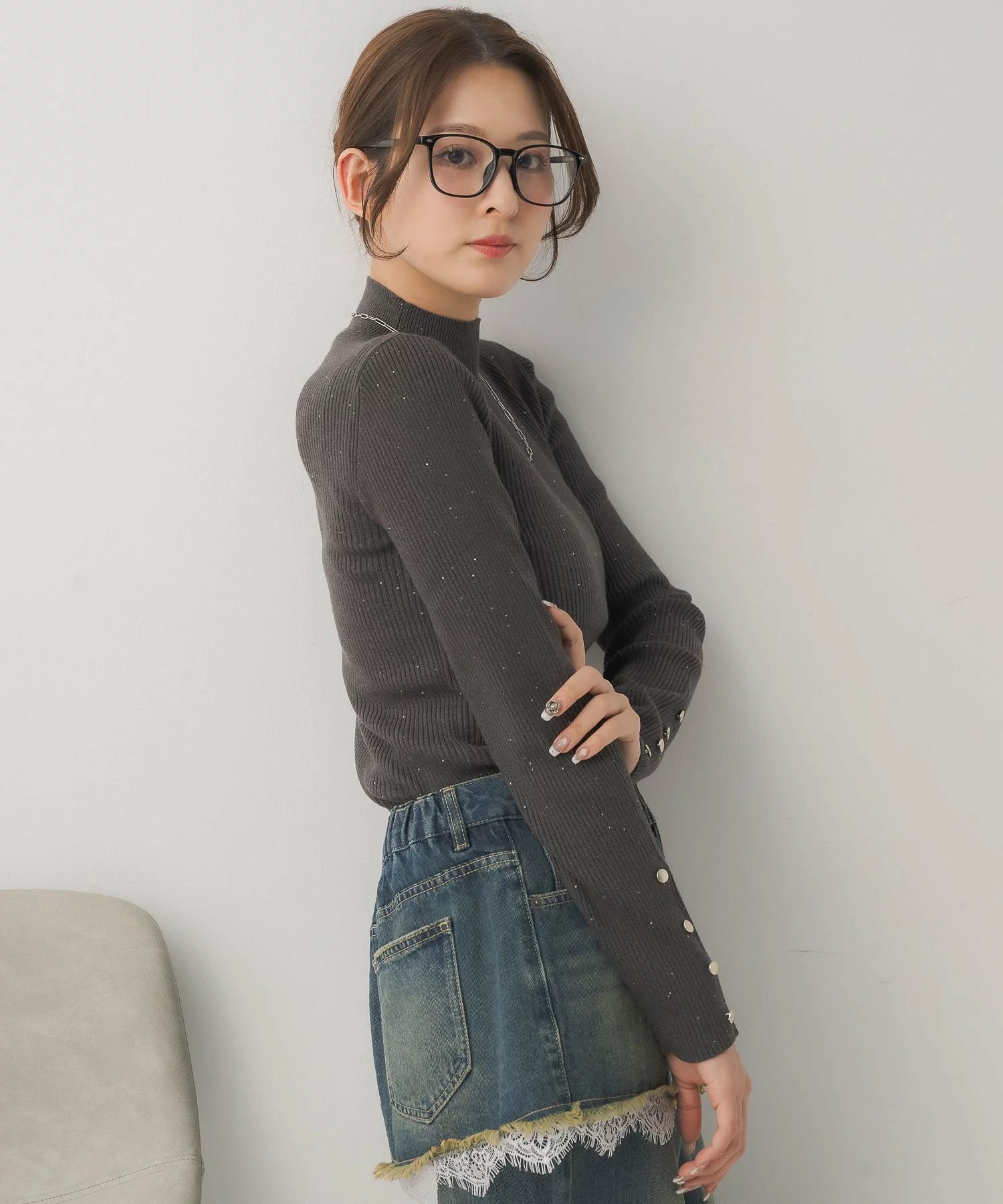 閃閃/ 淨色啞色扣閃閃企領針織