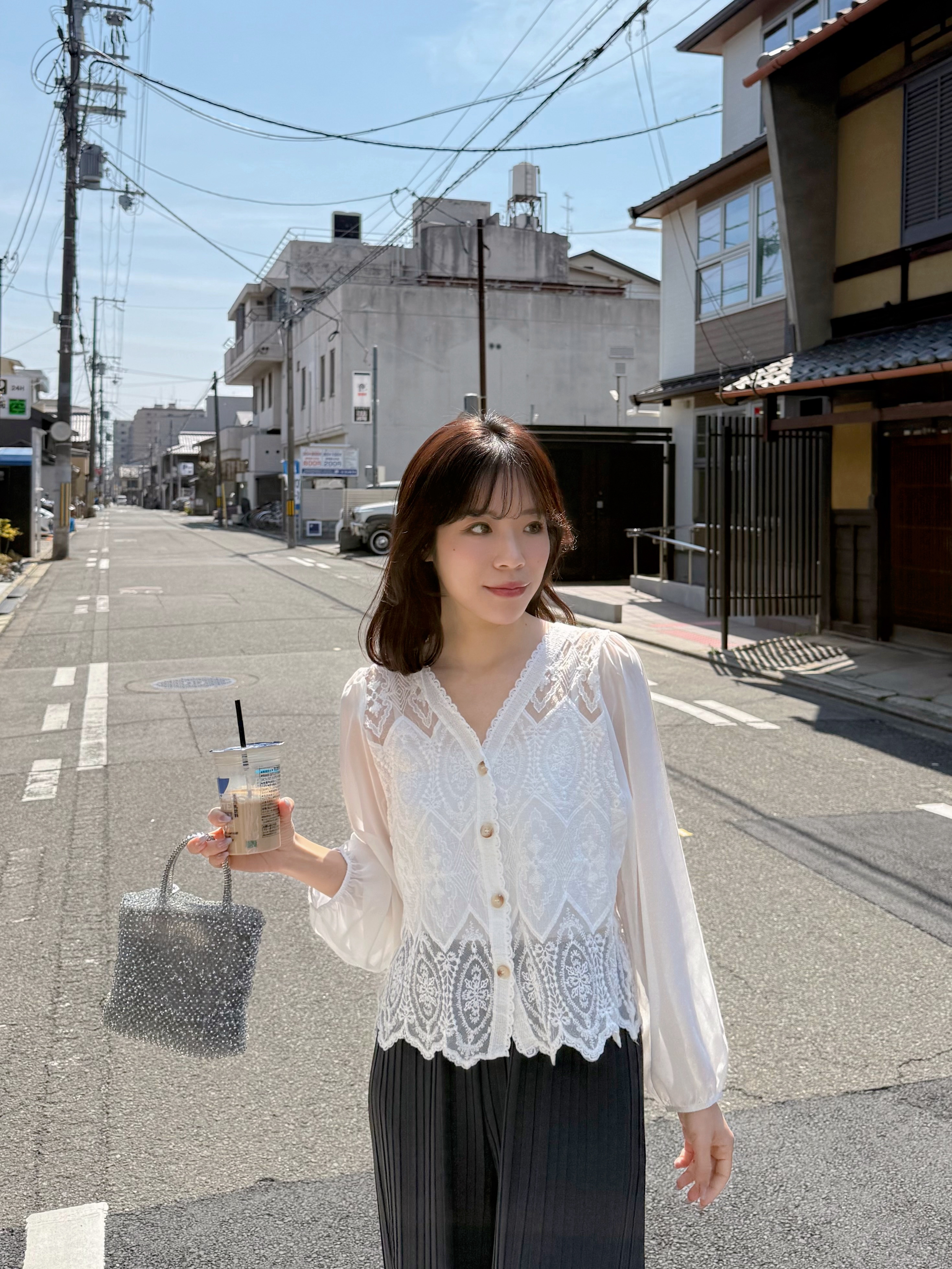 V領蕾絲雪紡袖外套上衣