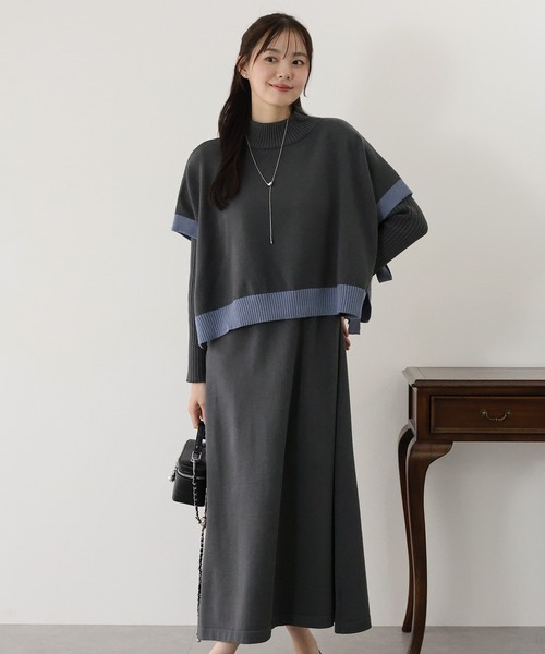 11色・M-LONG・側邊綁帶斗篷背心+螺紋針織長洋裝套裝