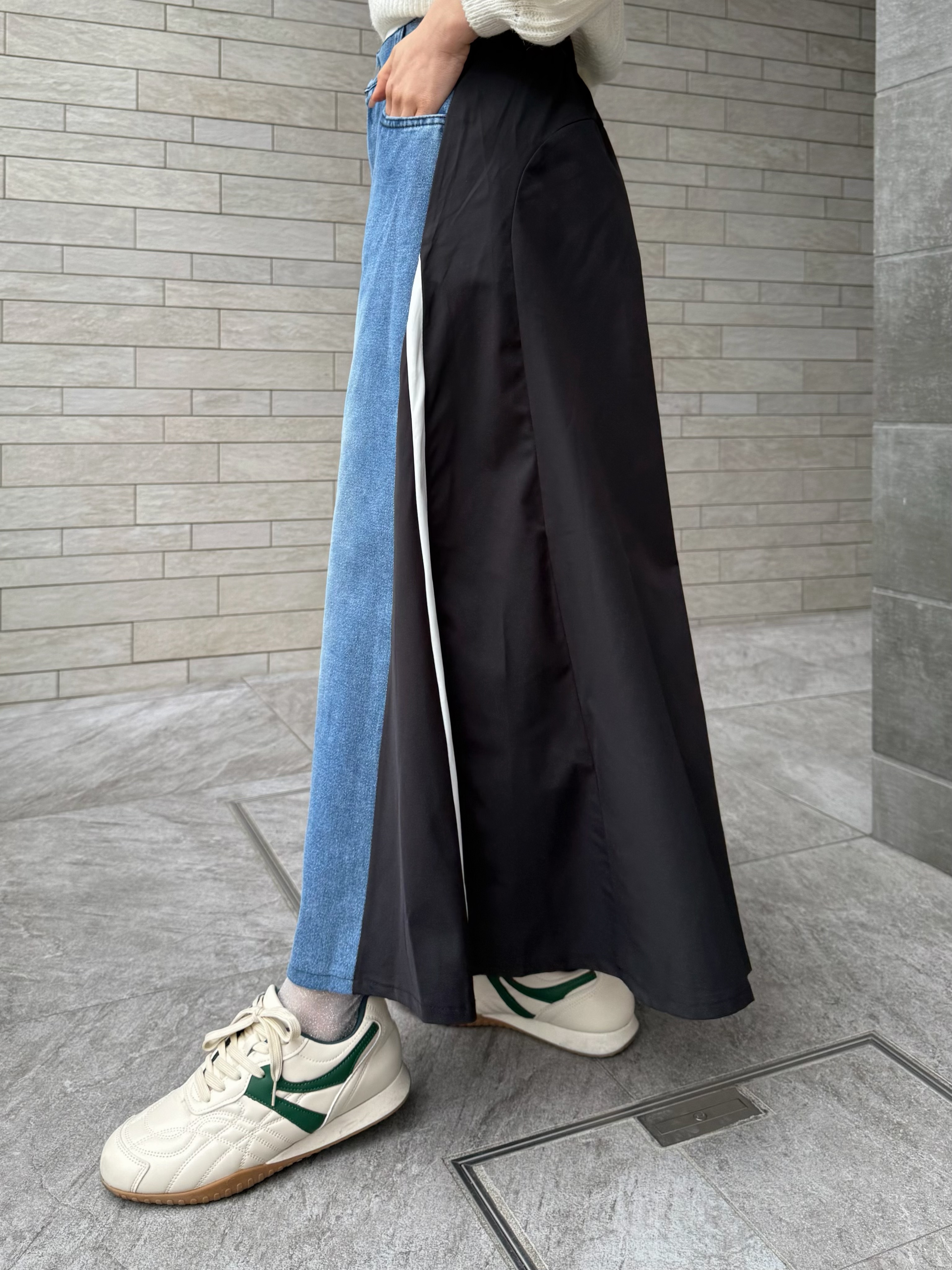 拼色布A line牛仔長款半身裙