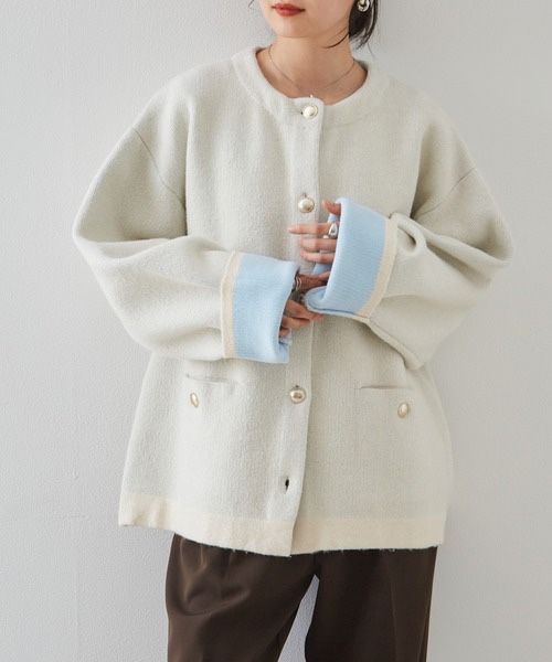 拼色金扣中長款針織外套